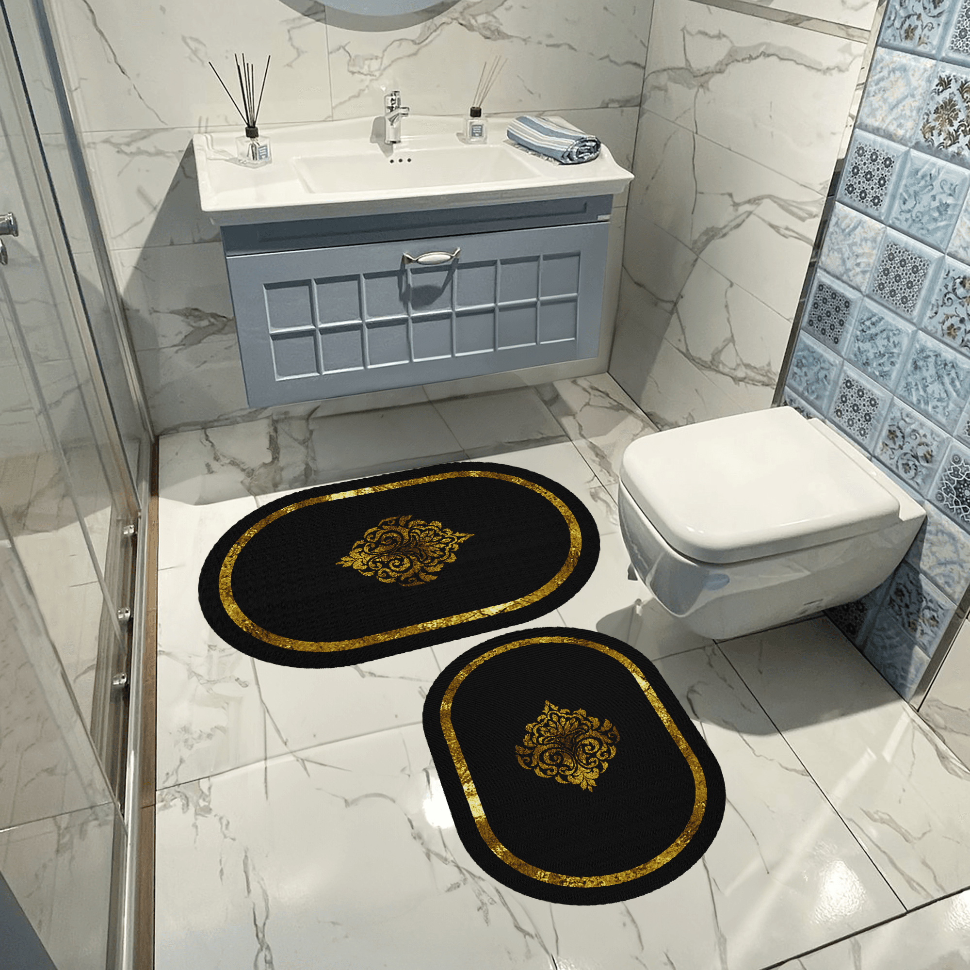 Kaymaz Taban Yıkabilir Toz Leke Tutmaz 2li Set Klozet Oval Banyo Paspas Takımı Oval t1260