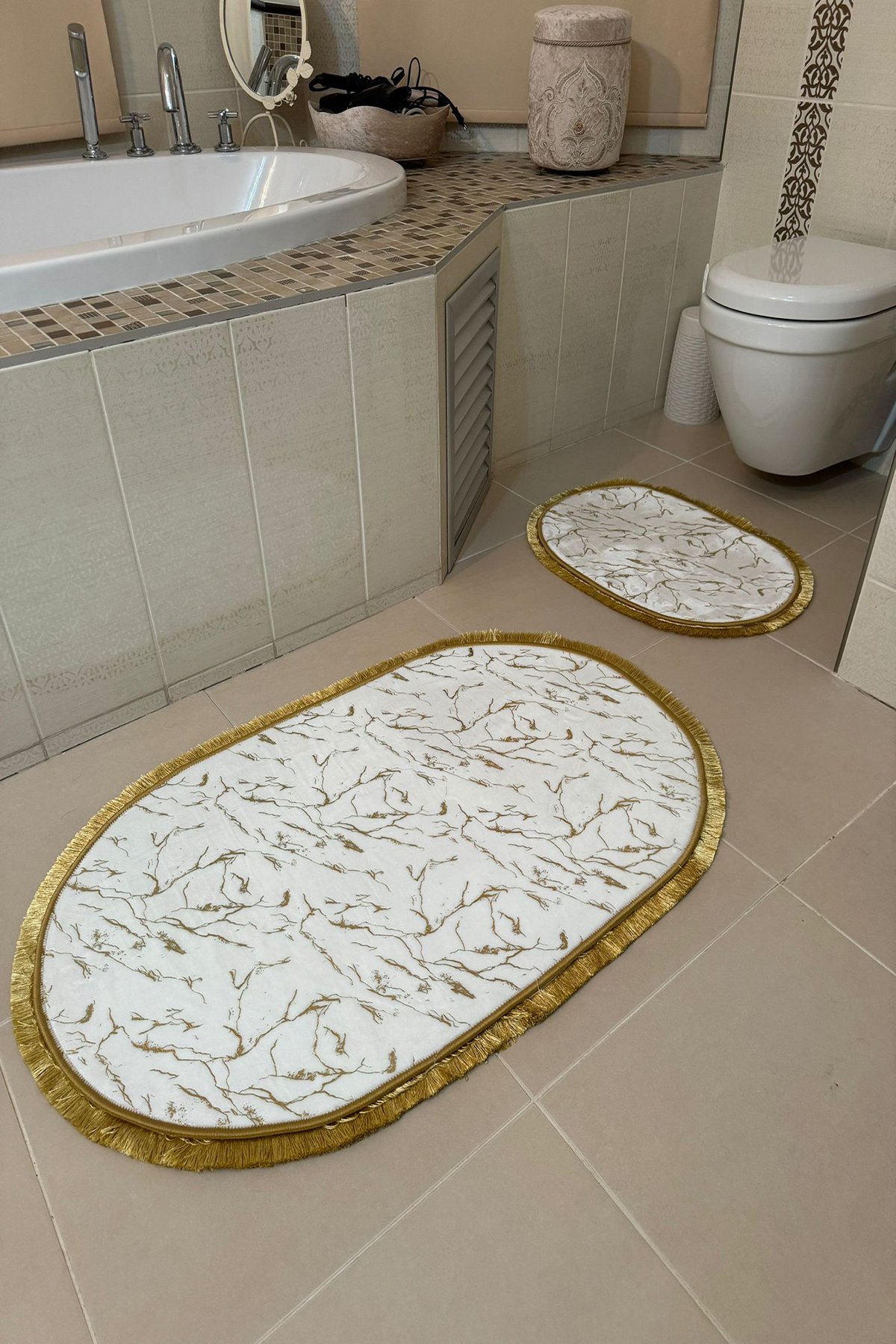 Simli Bambu Kaymaz Deri Taban Toz Leke Tutmaz 2li Set Klozet Banyo Paspas Takımı Oval