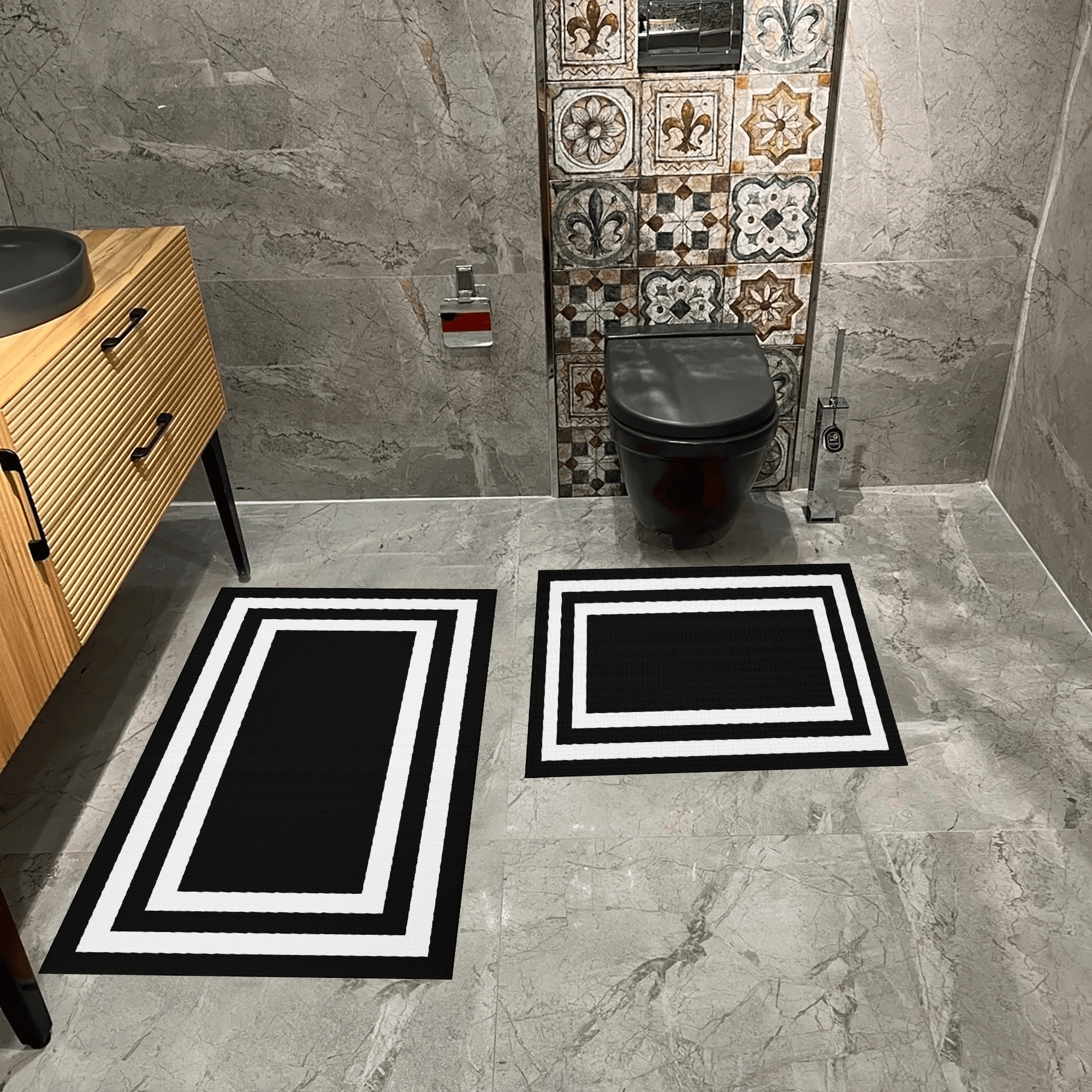 Kaymaz Taban Yıkabilir Toz Leke Tutmaz 2li Set Klozet Oval Banyo Paspas Takımı t1004-1