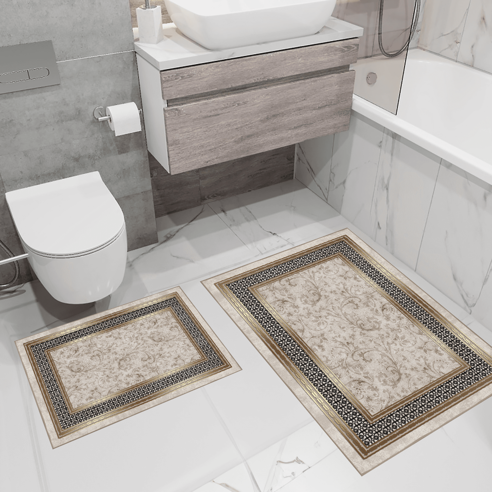 Kaymaz Taban Yıkabilir Toz Leke Tutmaz 2li Set Klozet Oval Banyo Paspas Takımı pl1011