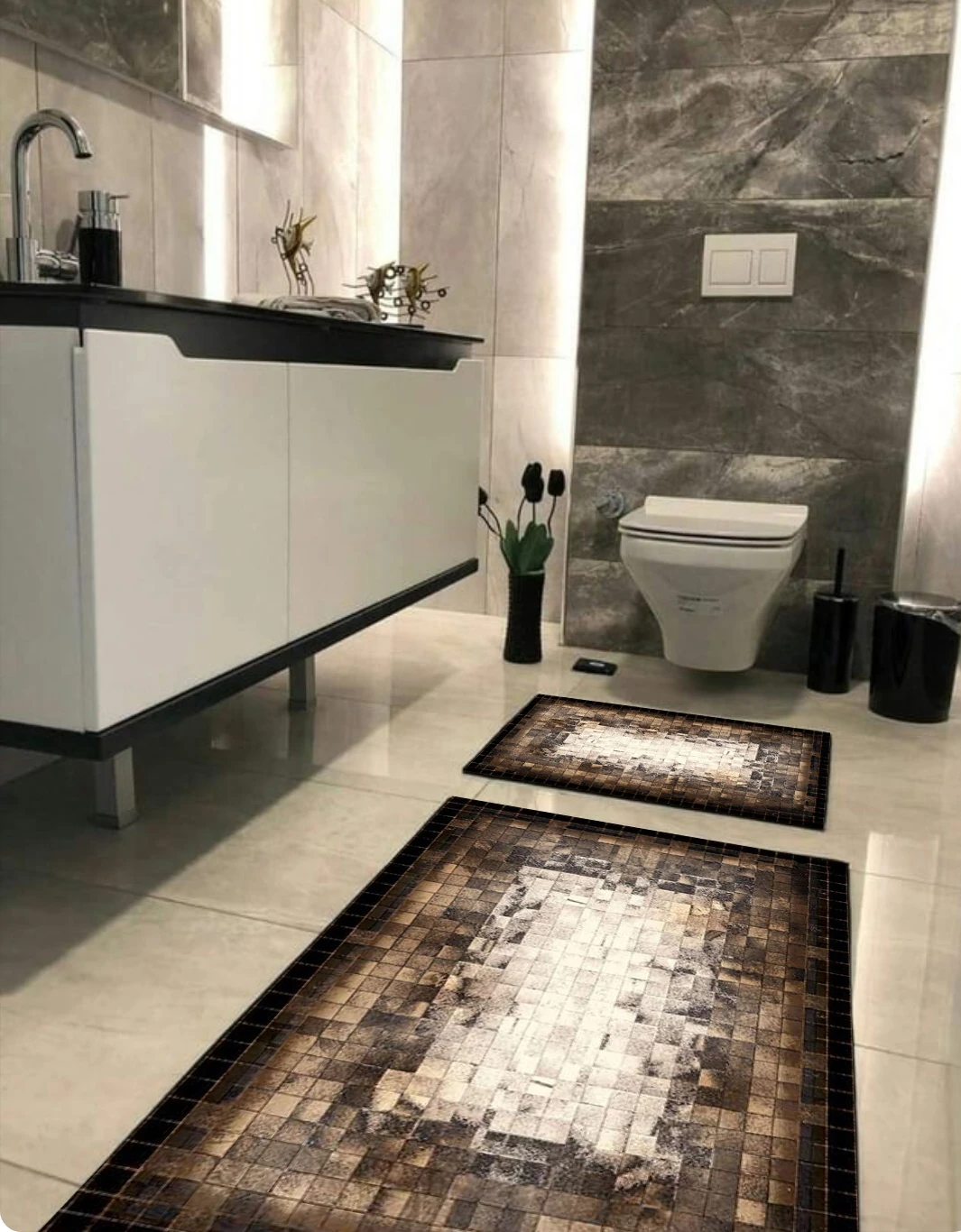 Kaymaz Taban Yıkabilir Toz Leke Tutmaz 2li Set Klozet Banyo Paspas Takımı D2028
