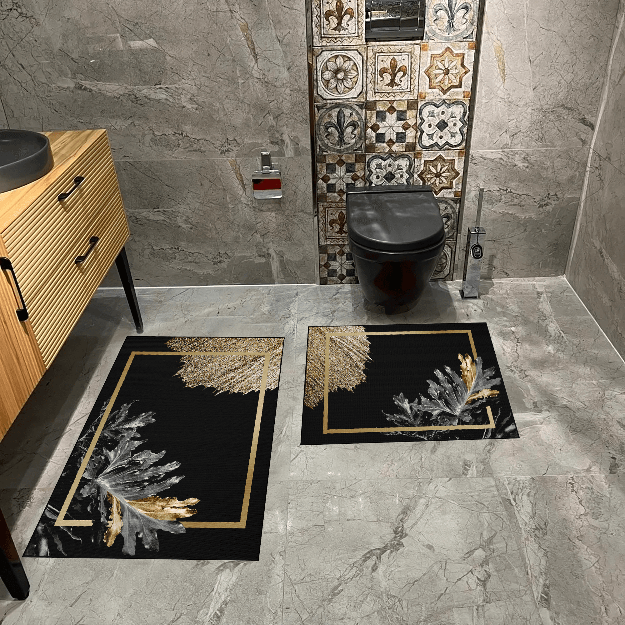 Kaymaz Taban Yıkabilir Toz Leke Tutmaz 2li Set Klozet Oval Banyo Paspas Takımı t1025