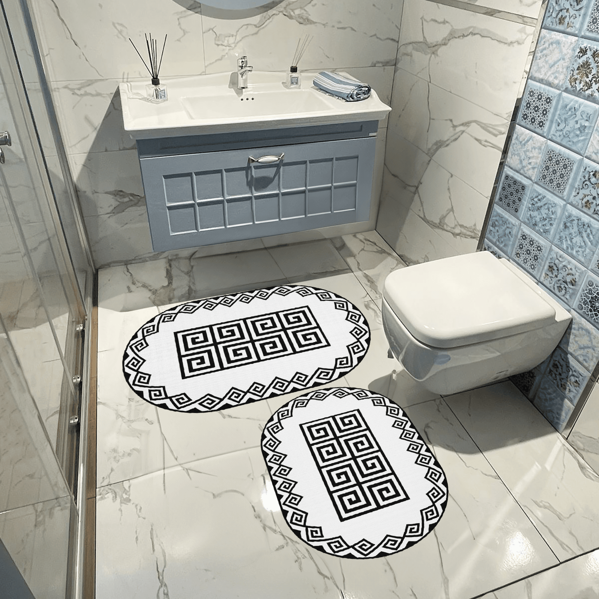 Kaymaz Taban Yıkabilir Toz Leke Tutmaz 2li Set Klozet Oval Banyo Paspas Takımı Oval t1118