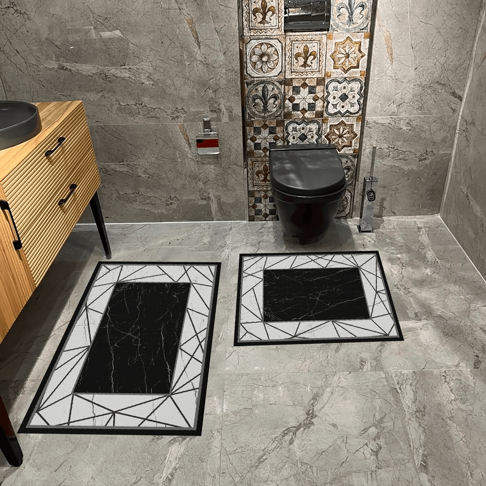 Kaymaz Taban Yıkabilir Toz Leke Tutmaz 2li Set Klozet Oval Banyo Paspas Takımı t1064-1