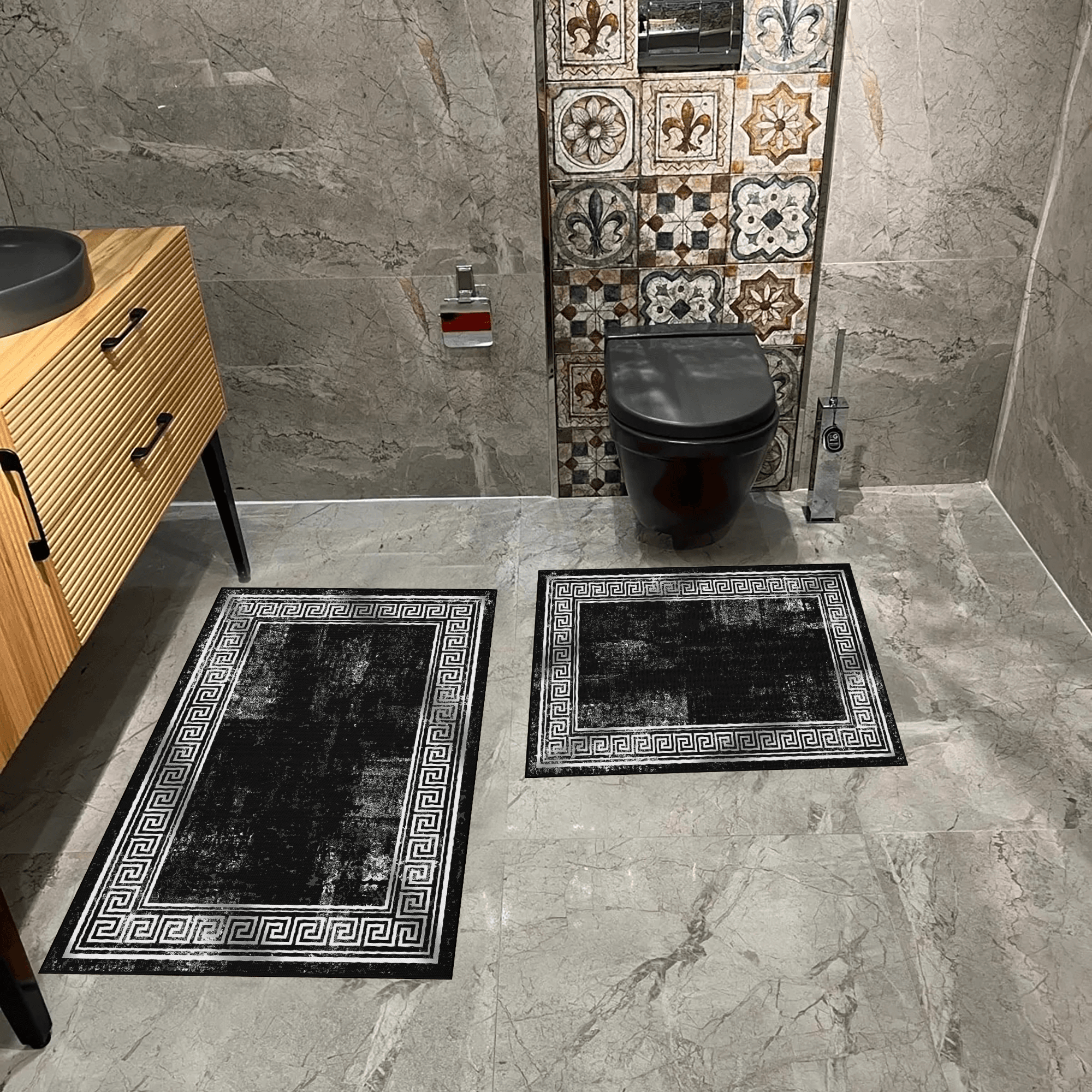 Kaymaz Taban Yıkabilir Toz Leke Tutmaz 2li Set Klozet Oval Banyo Paspas Takımı e1000