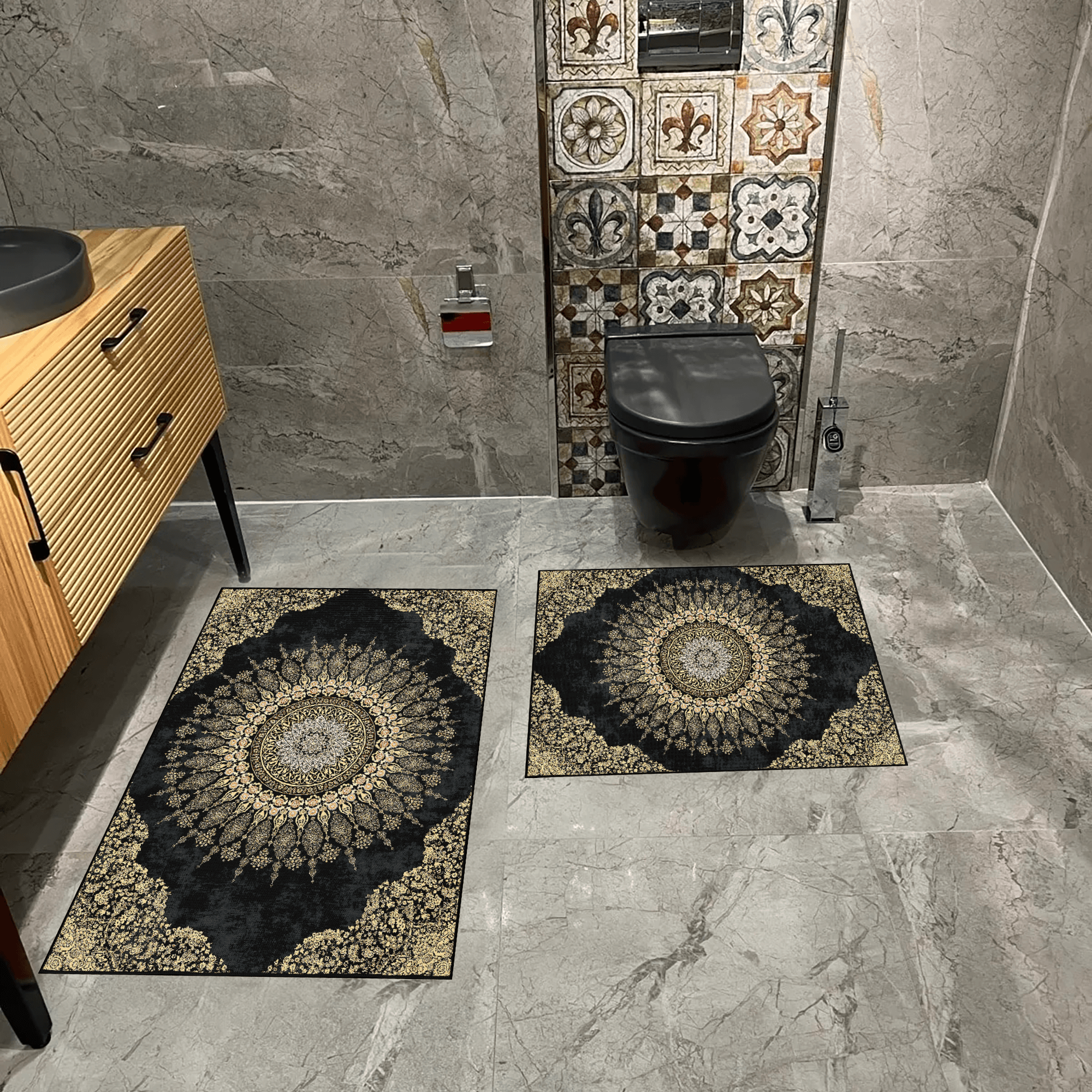 Kaymaz Taban Yıkabilir Toz Leke Tutmaz 2li Set Klozet Oval Banyo Paspas Takımı e1016