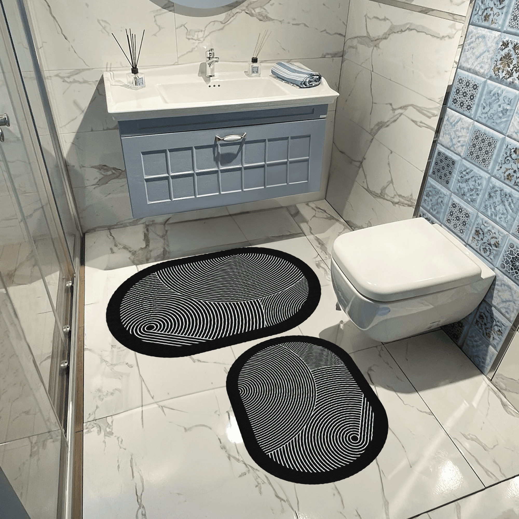 Kaymaz Taban Yıkabilir Toz Leke Tutmaz 2li Set Klozet Oval Banyo Paspas Takımı Oval t1307