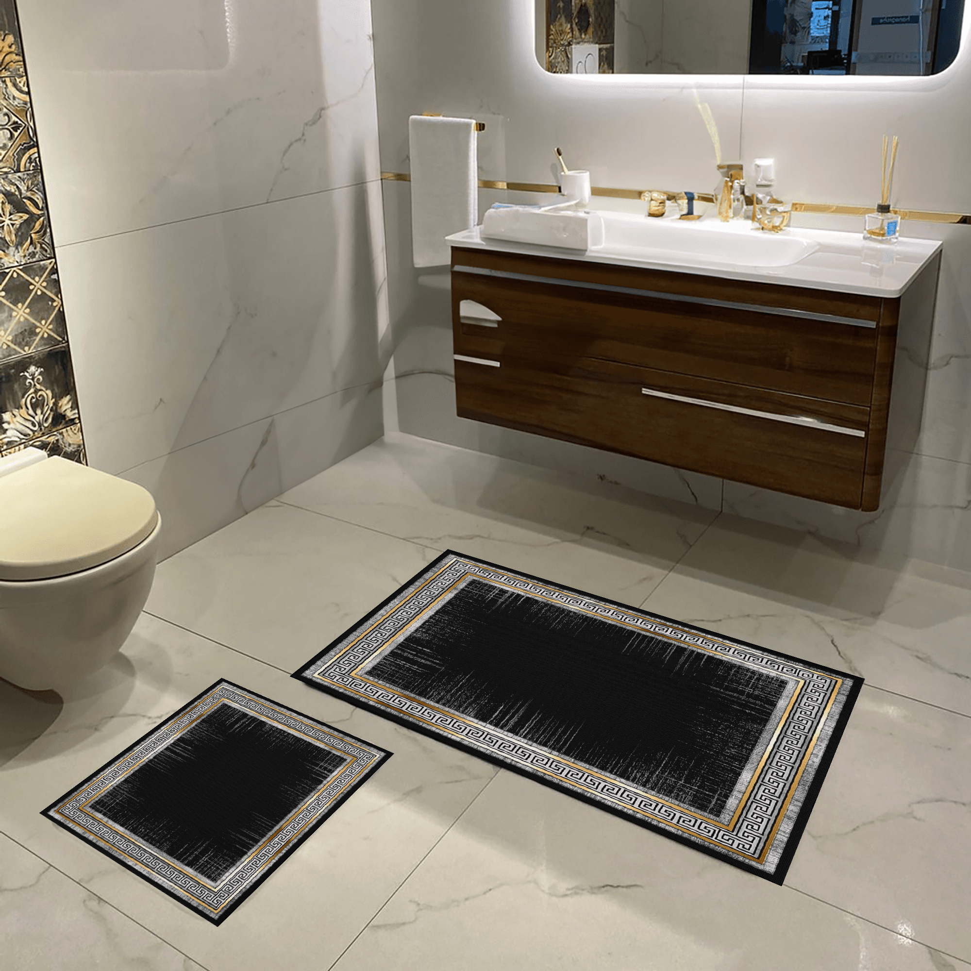 Kaymaz Taban Yıkabilir Toz Leke Tutmaz 2li Set Klozet Oval Banyo Paspas Takımı t1251