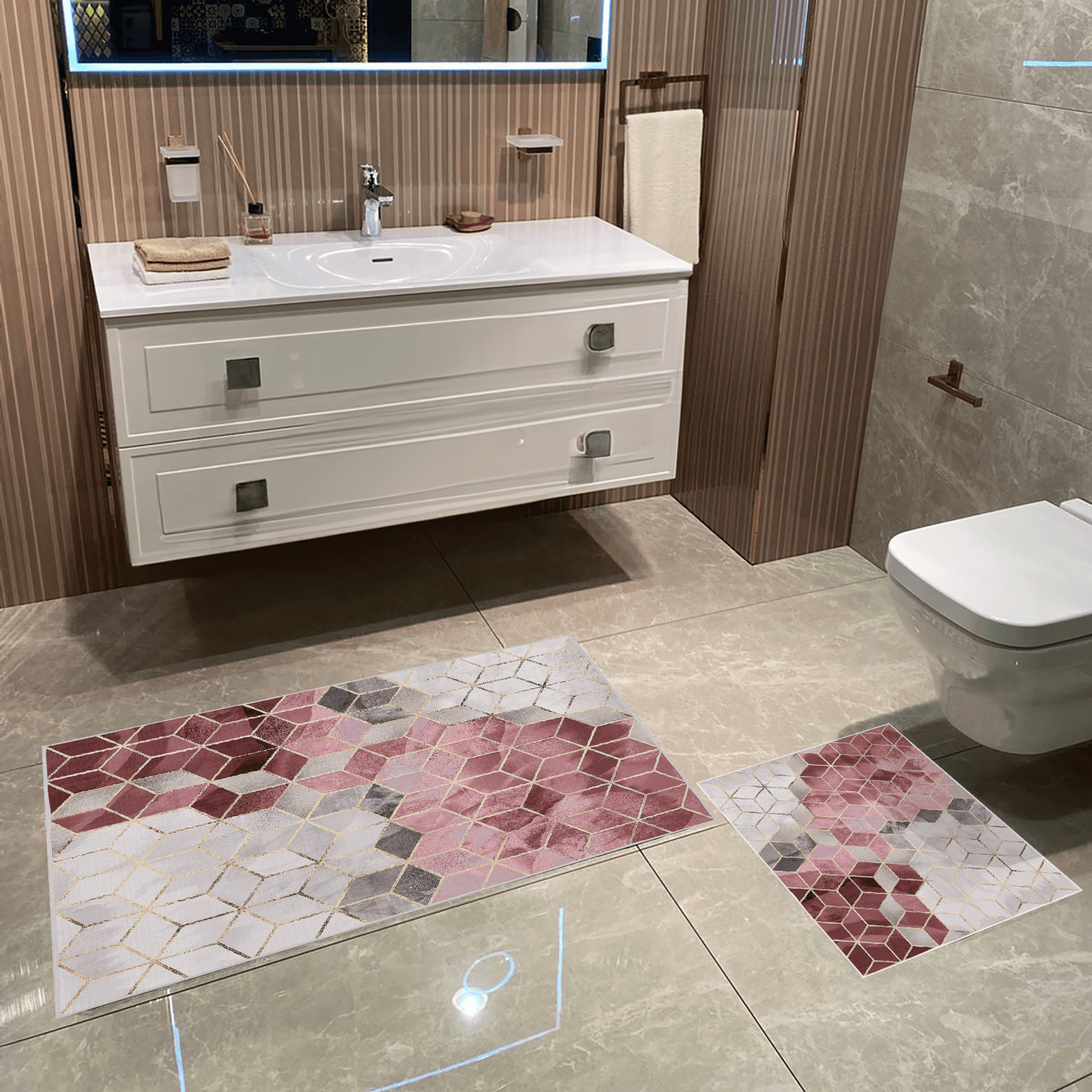 Kaymaz Taban Yıkabilir Toz Leke Tutmaz 2li Set Klozet Oval Banyo Paspas Takımı t1230