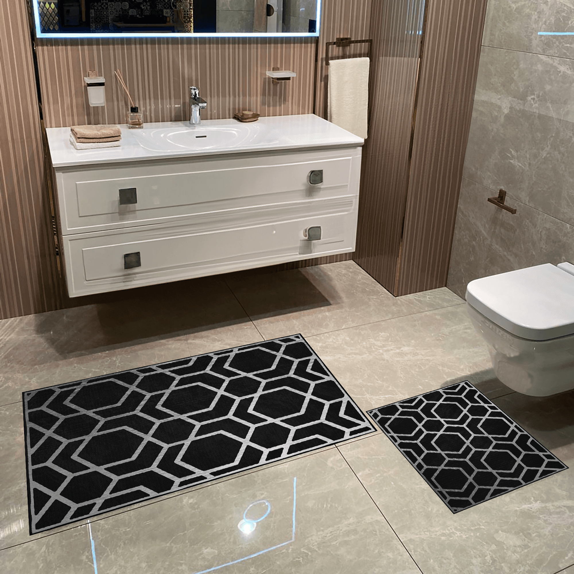 Kaymaz Taban Yıkabilir Toz Leke Tutmaz 2li Set Klozet Oval Banyo Paspas Takımı t1065-1