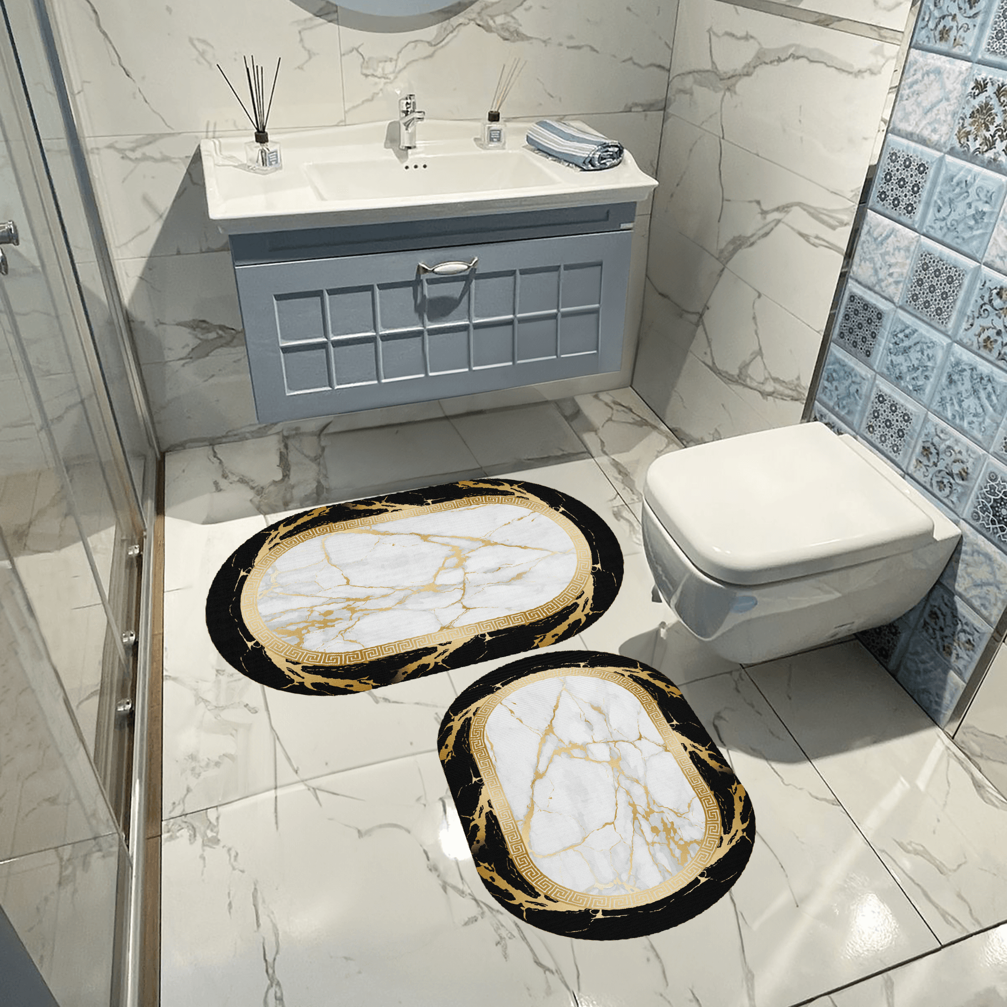 Kaymaz Taban Yıkabilir Toz Leke Tutmaz 2li Set Klozet Oval Banyo Paspas Takımı Oval s1034