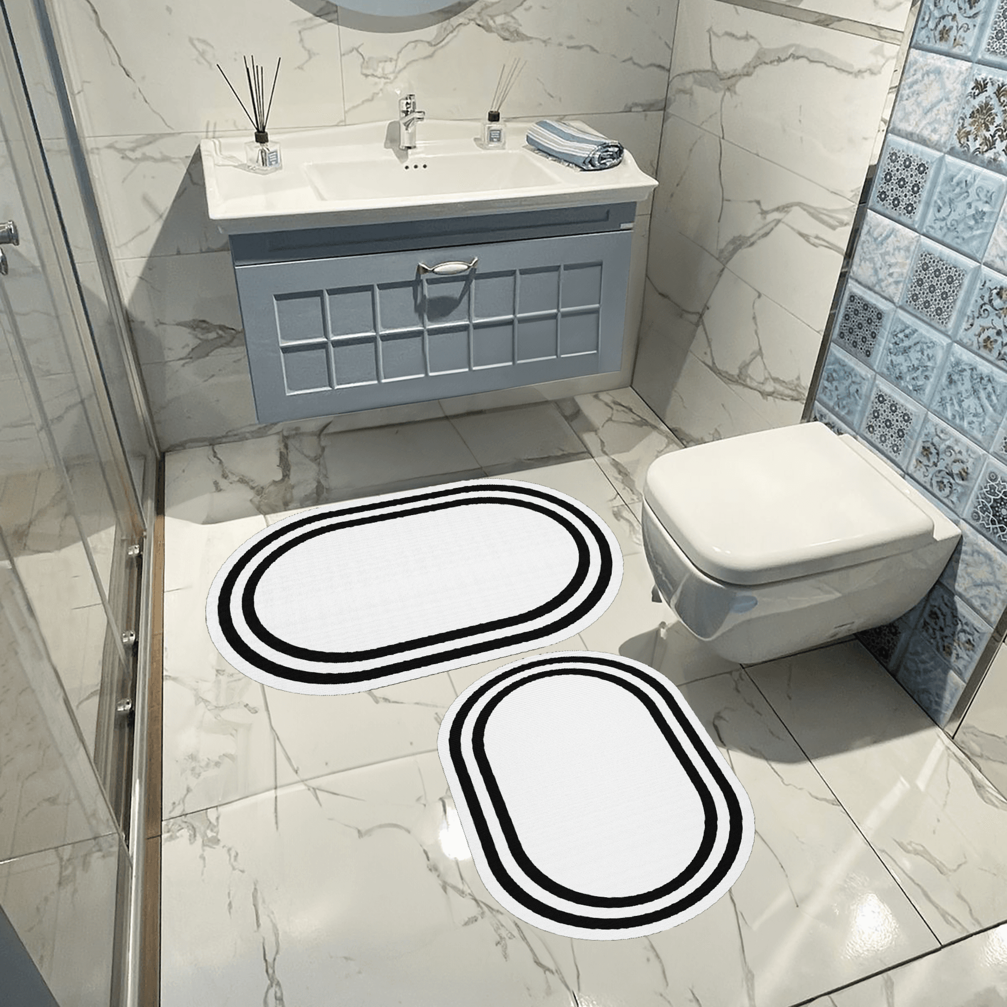 Kaymaz Taban Yıkabilir Toz Leke Tutmaz 2li Set Klozet Oval Banyo Paspas Takımı Oval t1004-2