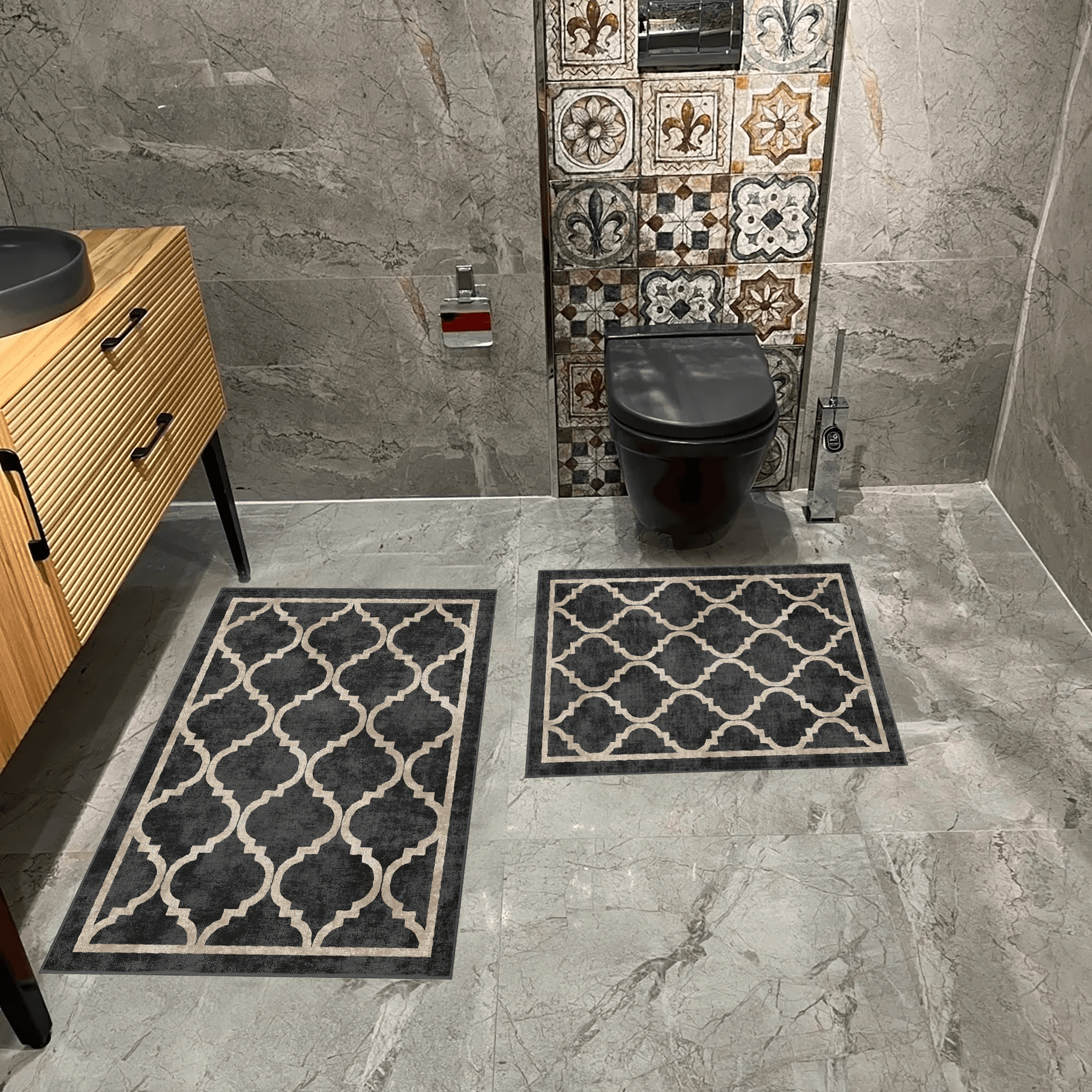 Kaymaz Taban Yıkabilir Toz Leke Tutmaz 2li Set Klozet Oval Banyo Paspas Takımı e1003