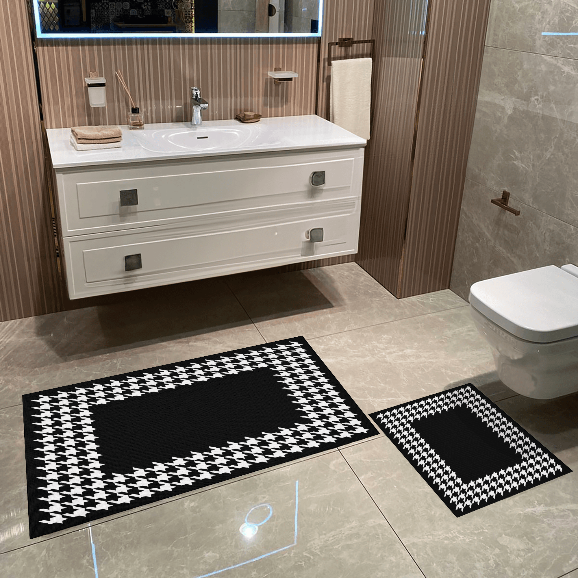 Kaymaz Taban Yıkabilir Toz Leke Tutmaz 2li Set Klozet Oval Banyo Paspas Takımı t1056-1