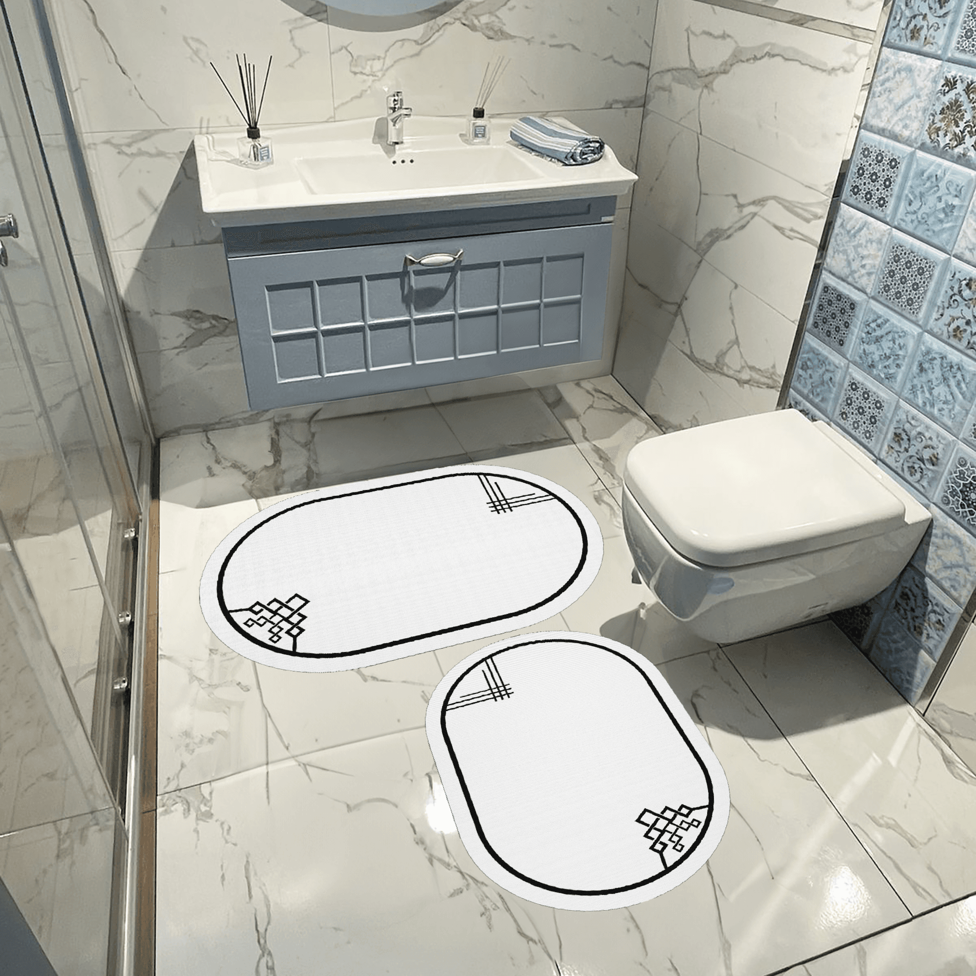 Kaymaz Taban Yıkabilir Toz Leke Tutmaz 2li Set Klozet Oval Banyo Paspas Takımı Oval t1001-1