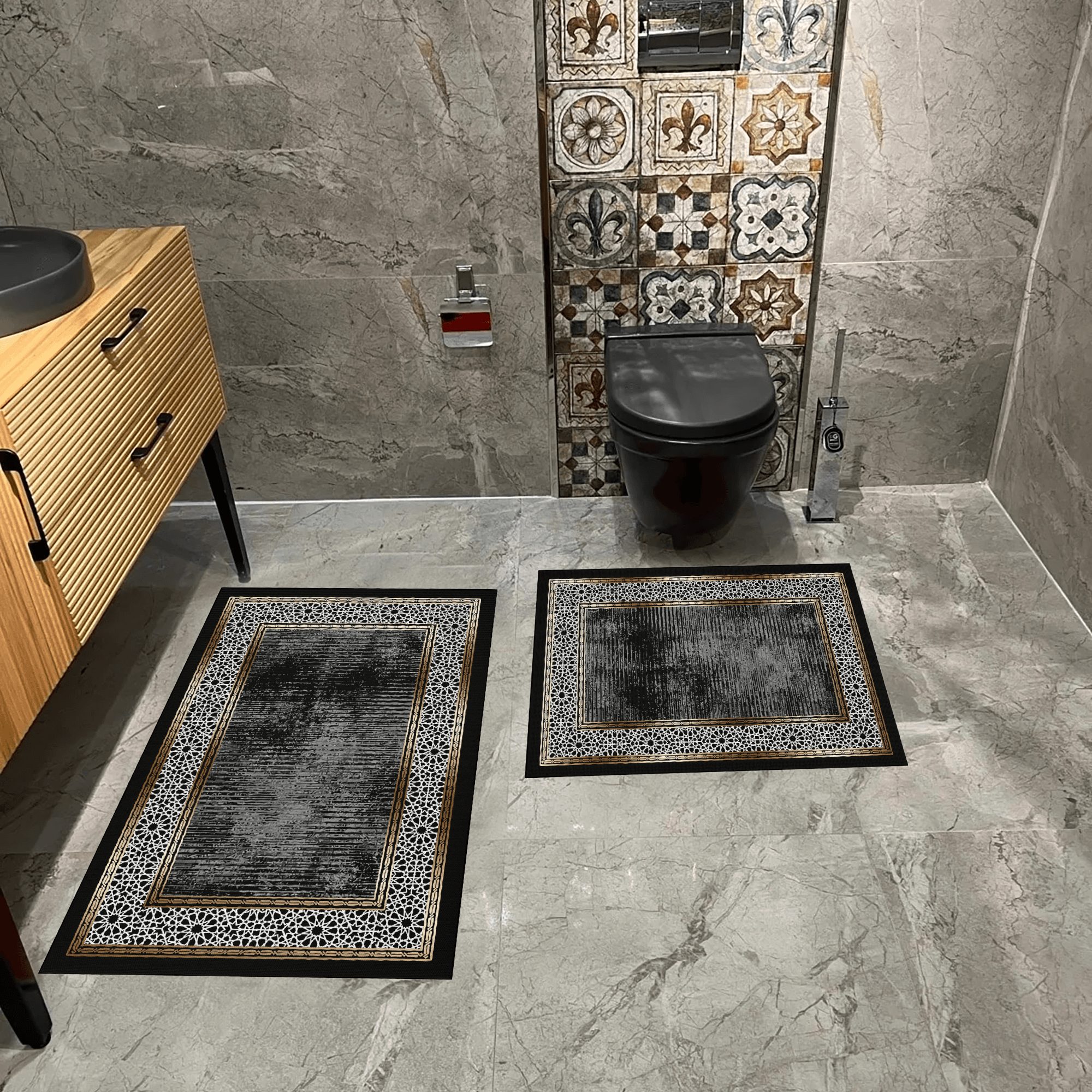 Kaymaz Taban Yıkabilir Toz Leke Tutmaz 2li Set Klozet Oval Banyo Paspas Takımı e1007-3