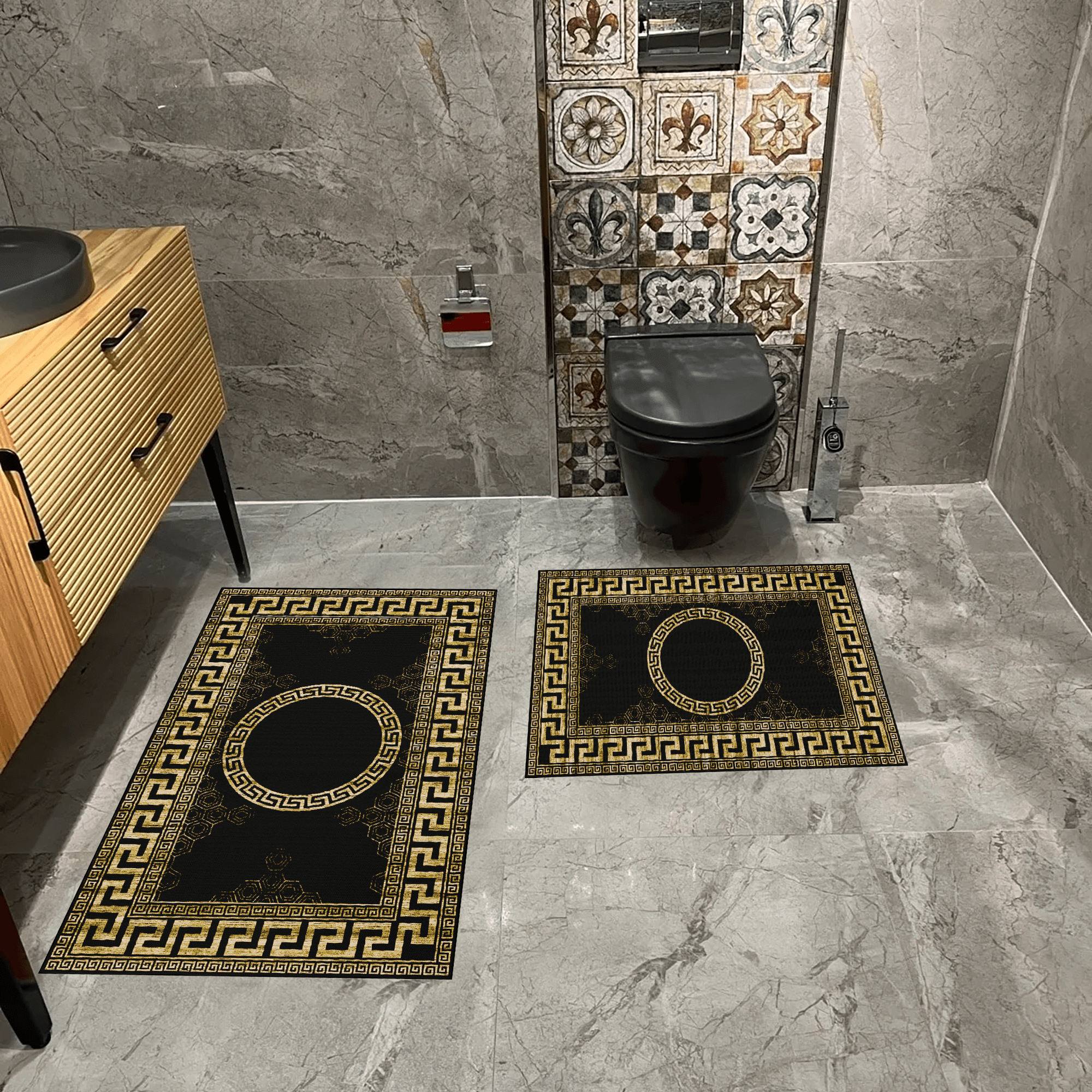 Kaymaz Taban Yıkabilir Toz Leke Tutmaz 2li Set Klozet Oval Banyo Paspas Takımı t1031-5