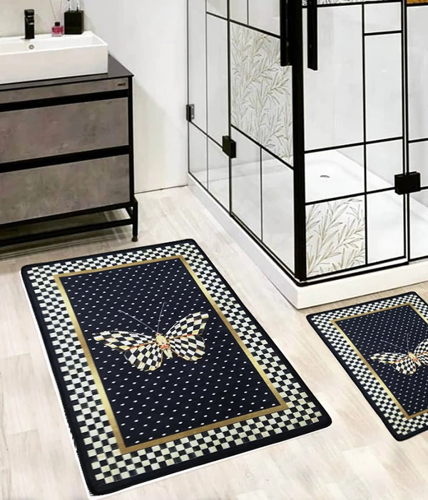 Kaymaz Taban Yıkabilir Toz Leke Tutmaz 2li Set Klozet Banyo Paspas Takımı Damalı Kelebek