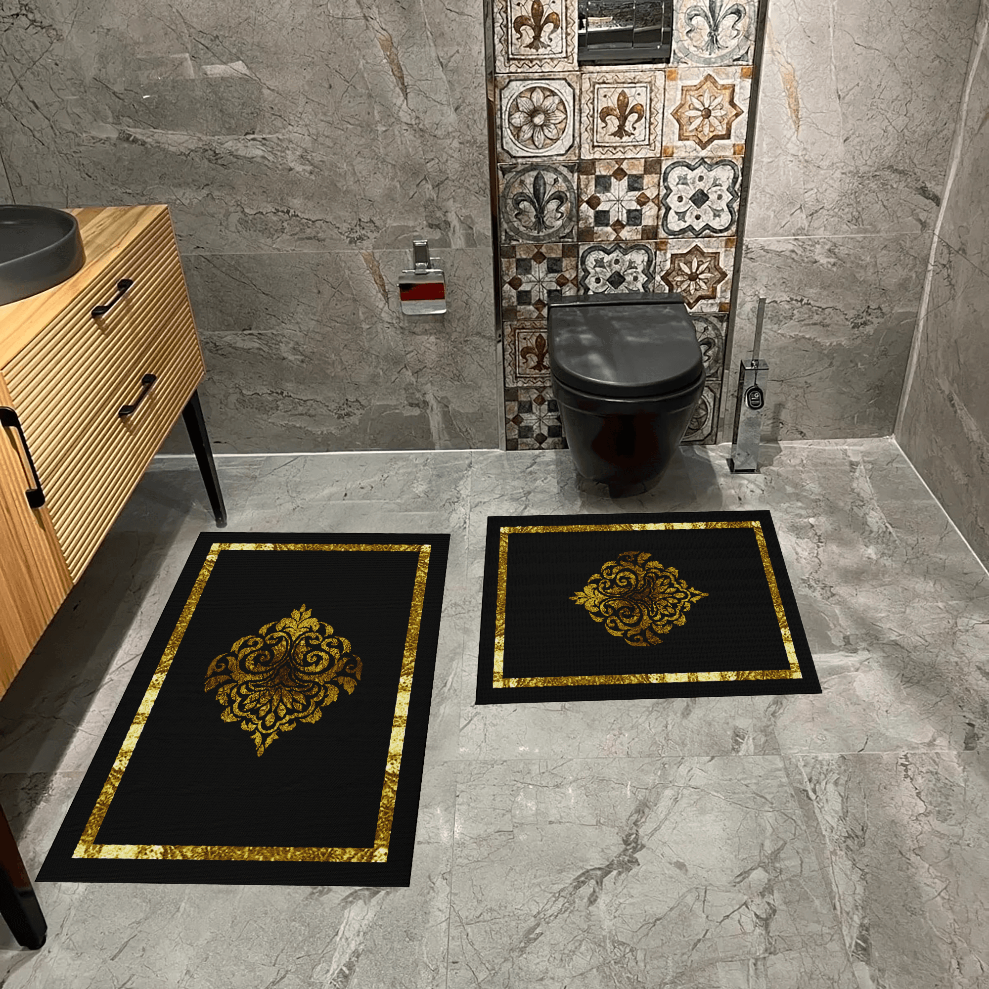 Kaymaz Taban Yıkabilir Toz Leke Tutmaz 2li Set Klozet Oval Banyo Paspas Takımı t1260