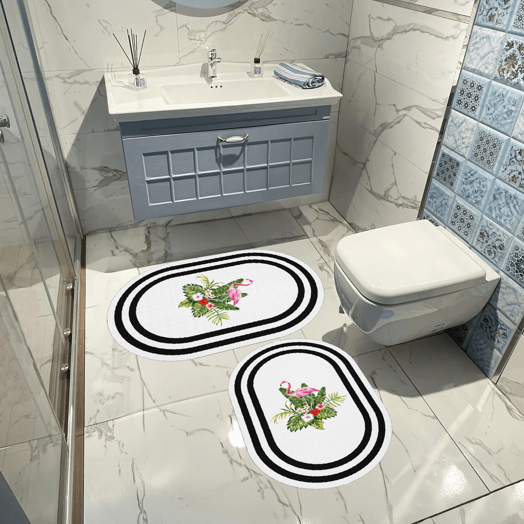 Kaymaz Taban Yıkabilir Toz Leke Tutmaz 2li Set Klozet Oval Banyo Paspas Takımı Oval t1005-2
