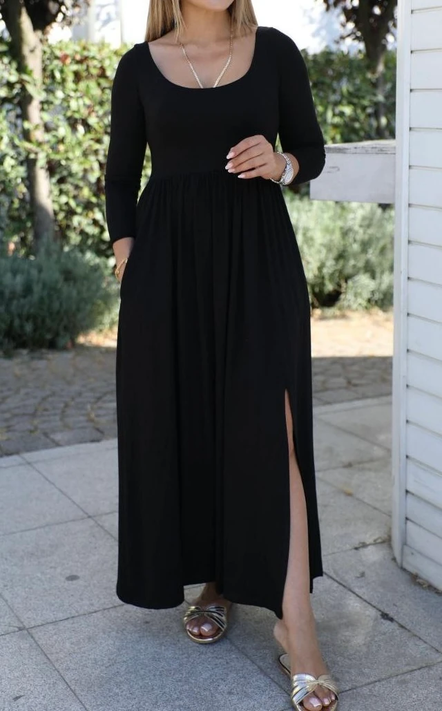 U Yaka Viskon Midi Elbise