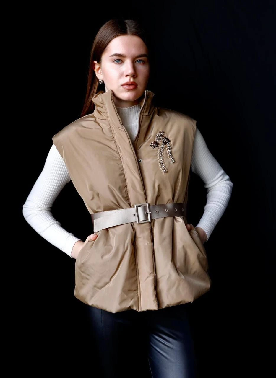 Kemerli Fermuarlı Dik Yaka Şişme Yelek