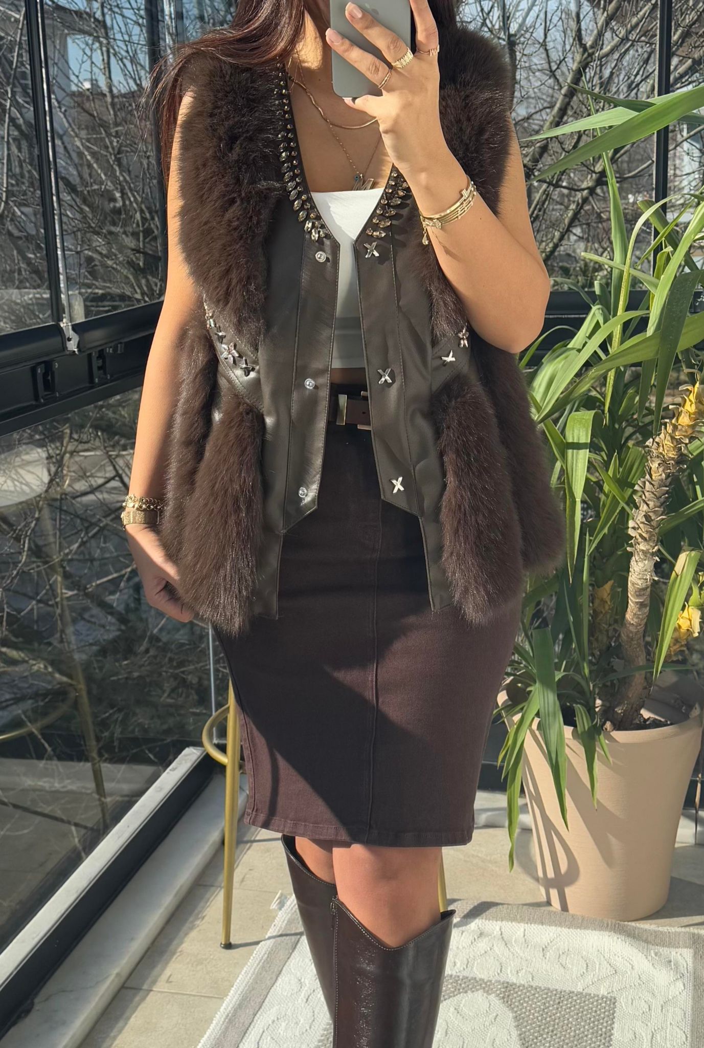 İthal Kürklü Deri Detaylı Yelek