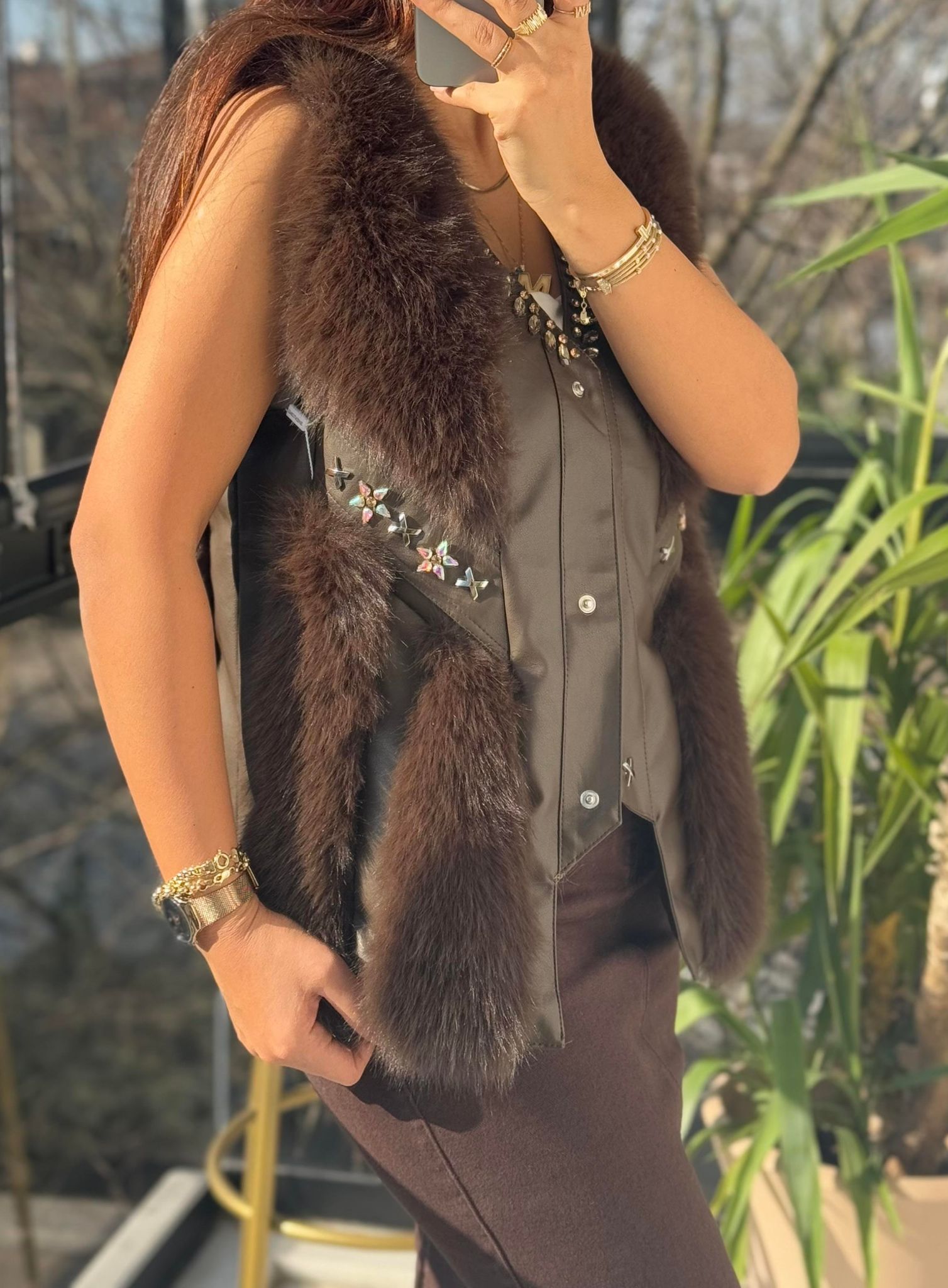 İthal Kürklü Deri Detaylı Yelek