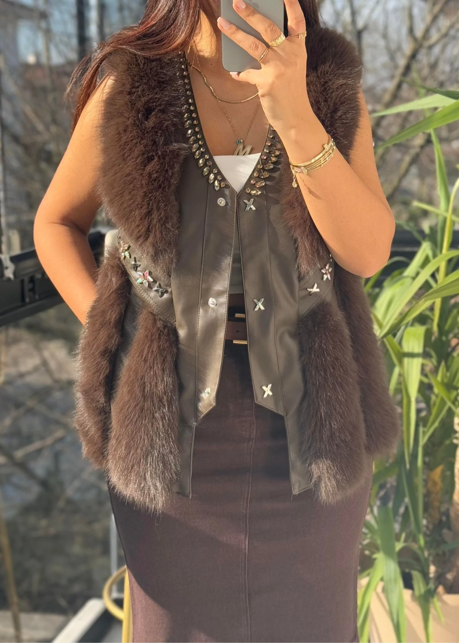 İthal Kürklü Deri Detaylı Yelek