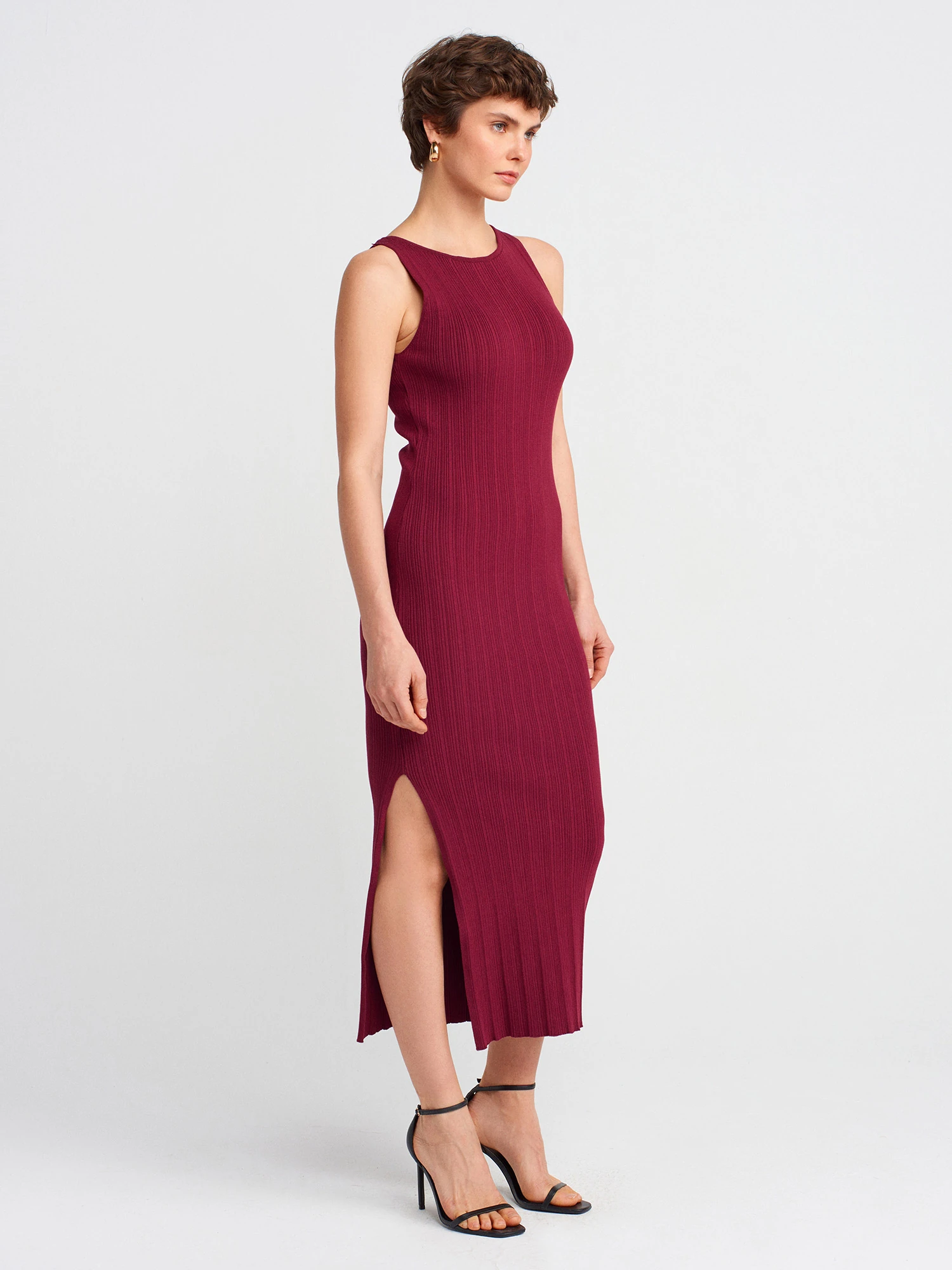  Dilvin Kayık Yaka Fitilli Yırtmaçlı Triko Elbise