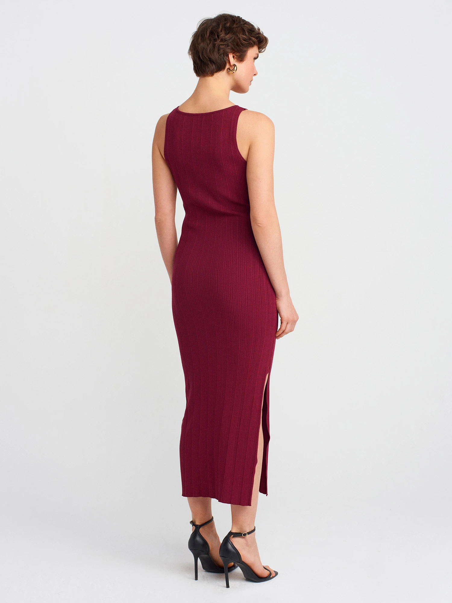  Dilvin Kayık Yaka Fitilli Yırtmaçlı Triko Elbise