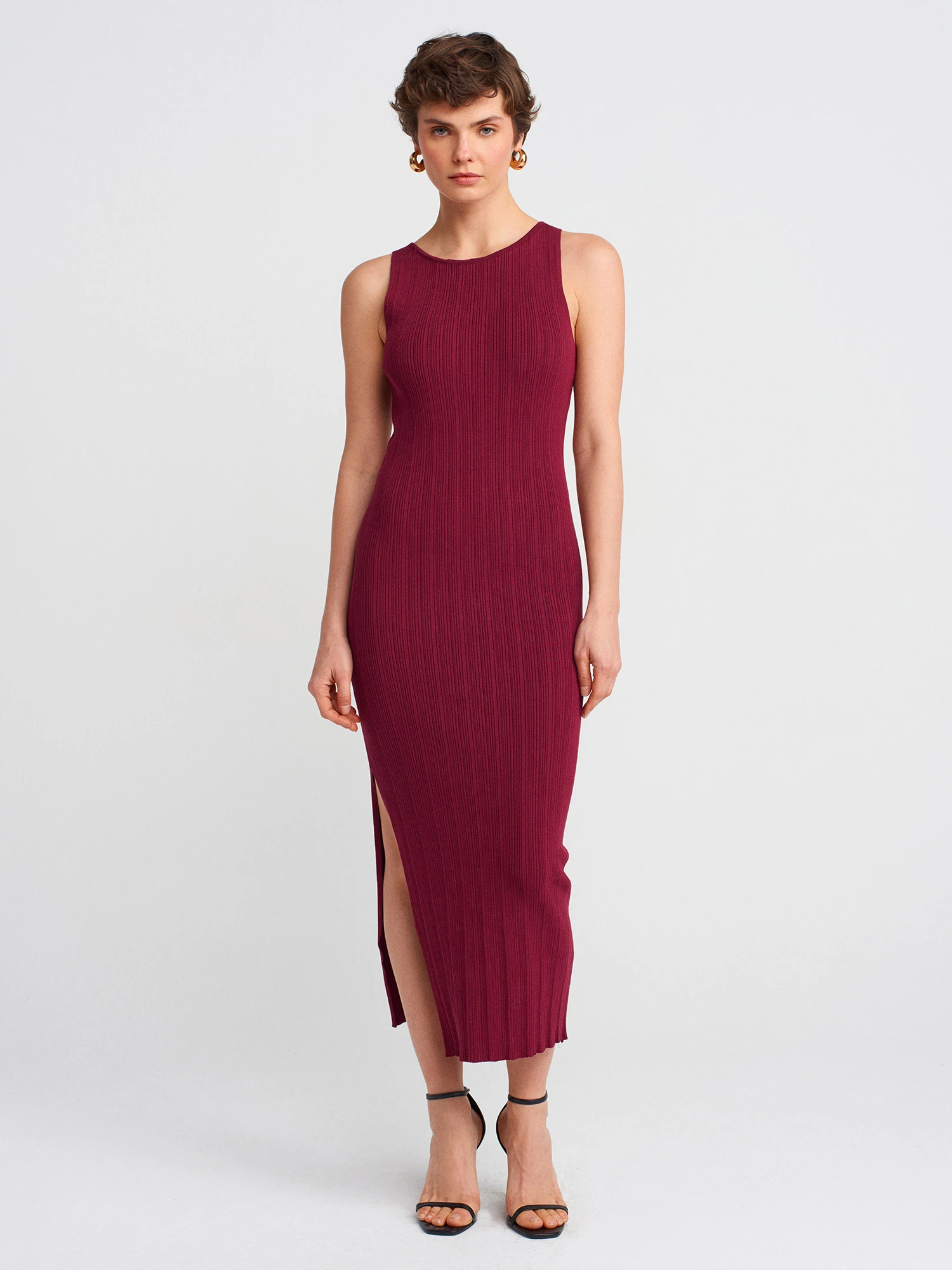  Dilvin Kayık Yaka Fitilli Yırtmaçlı Triko Elbise