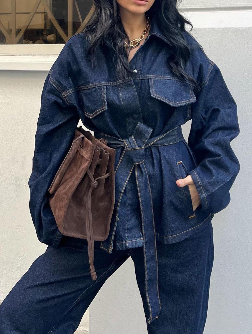 Patlı Yaka Denim Gömlek Takım