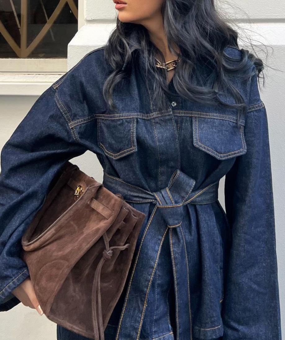 Patlı Yaka Denim Gömlek Takım