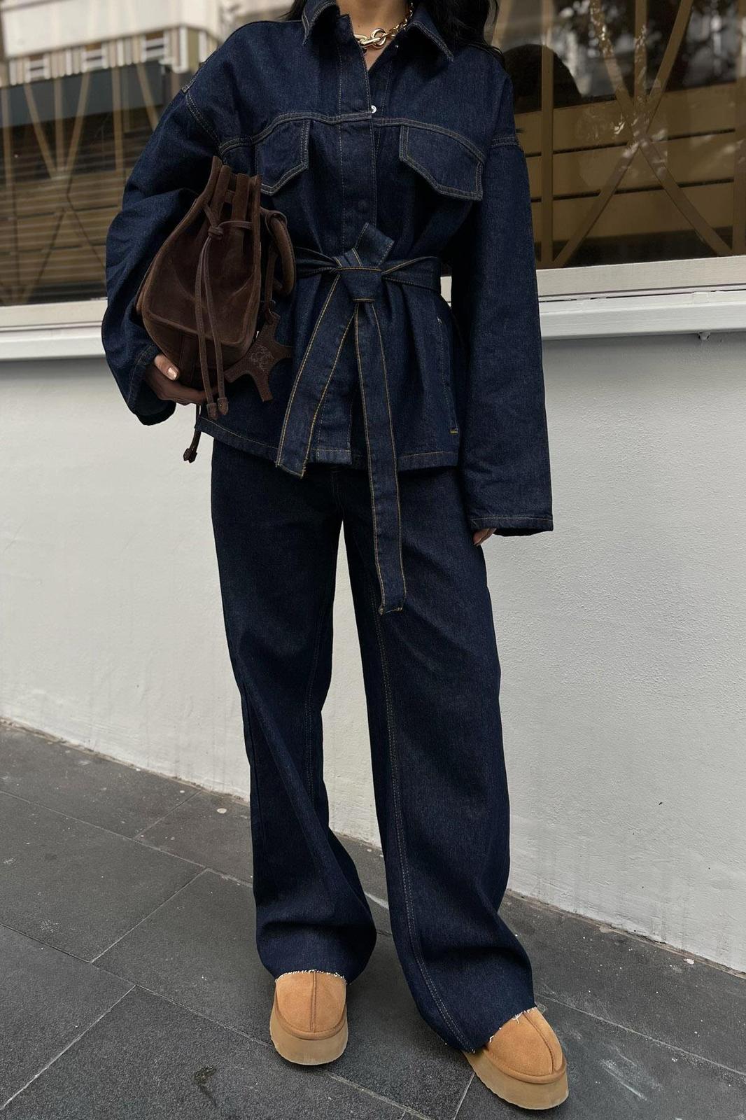 Patlı Yaka Denim Gömlek Takım