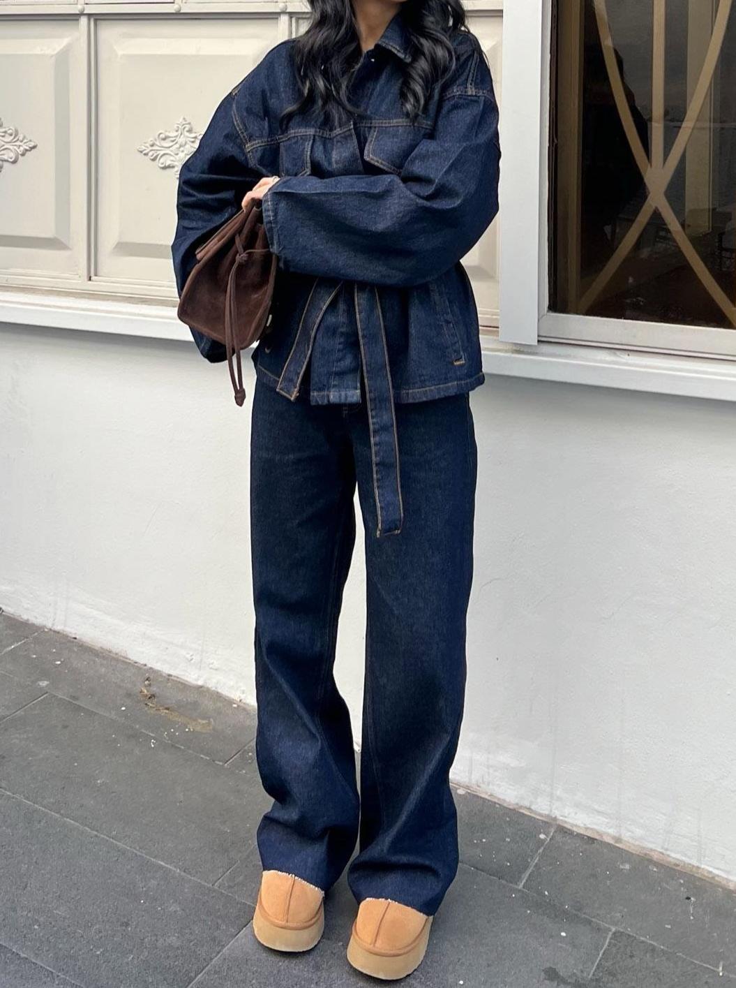 Patlı Yaka Denim Gömlek Takım