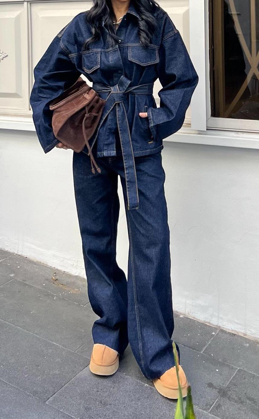 Patlı Yaka Denim Gömlek Takım