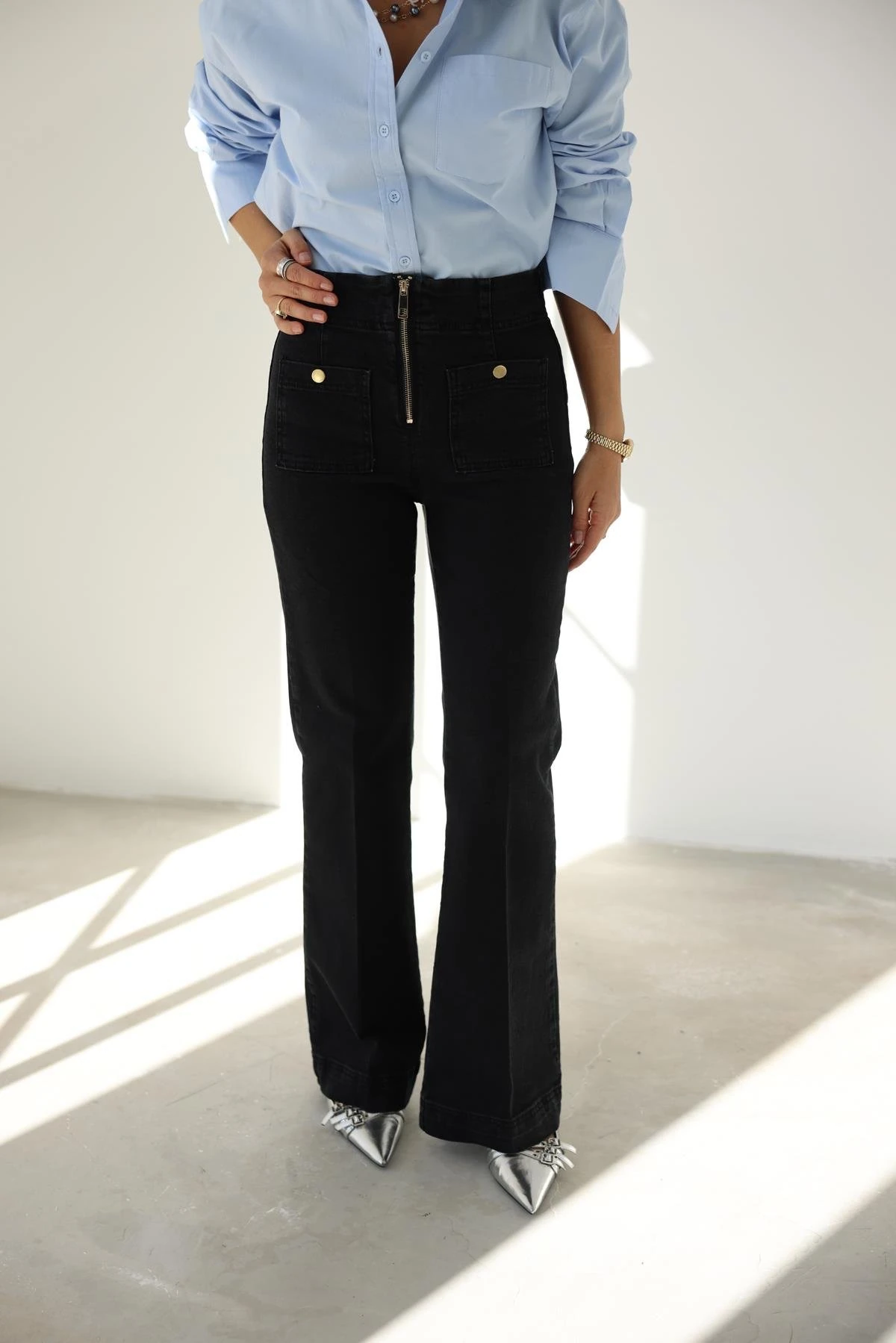 Bel Fermuarlı Likralı Palazzo Pantolon