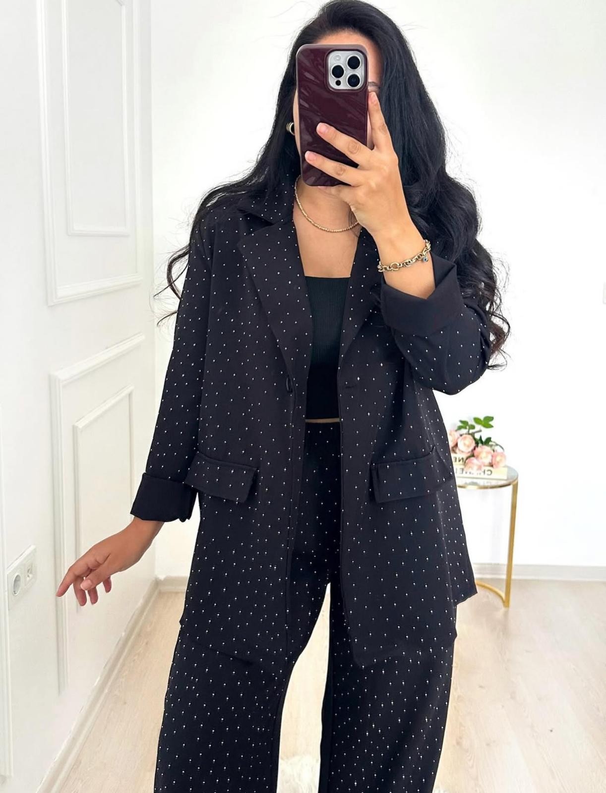 İthal Saten Taşlı Blazer Ceket Takım