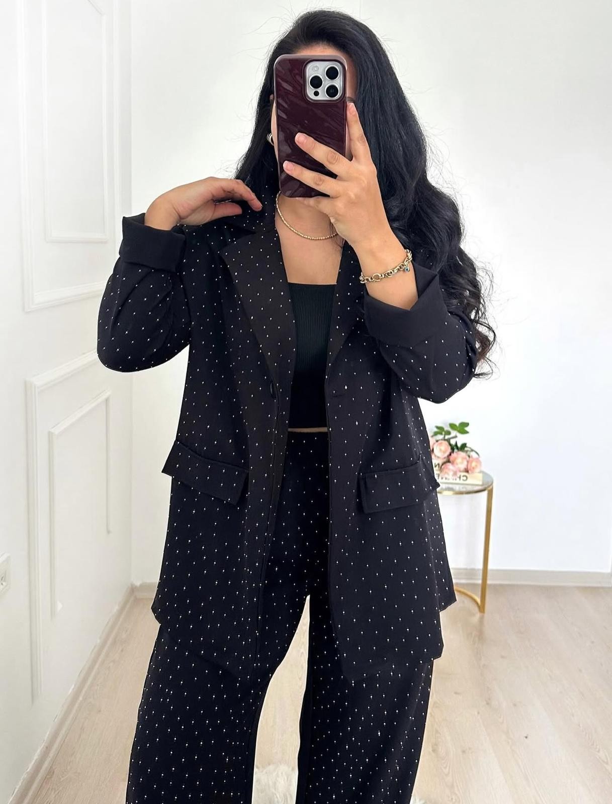 İthal Saten Taşlı Blazer Ceket Takım