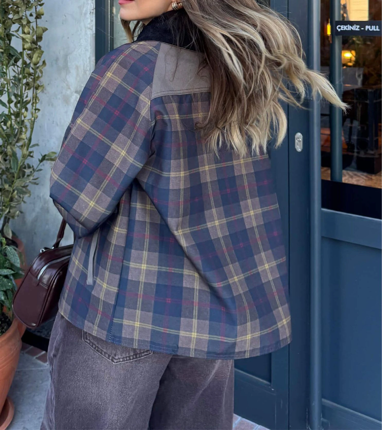 Bomber Ekose Kadife Yaka Ceket