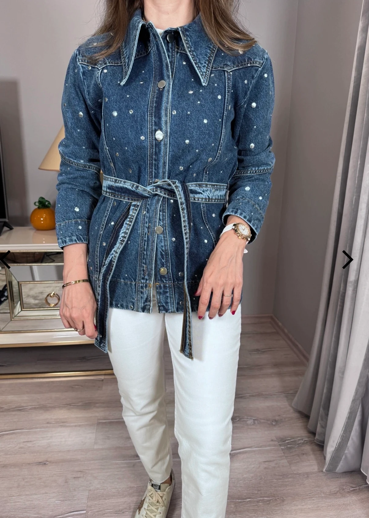 Zımbalı Kemerli Kot Ceket