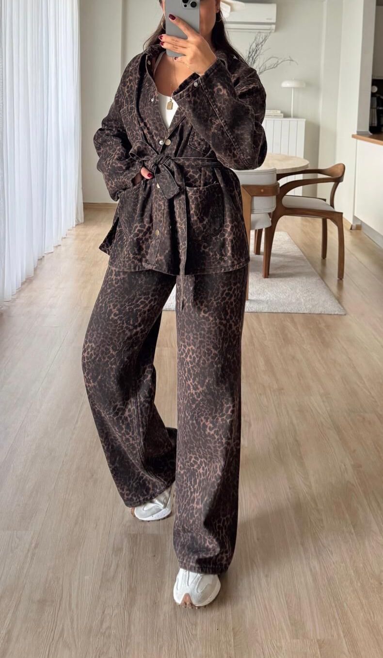 Leopar Gabardin Pantolon Takım