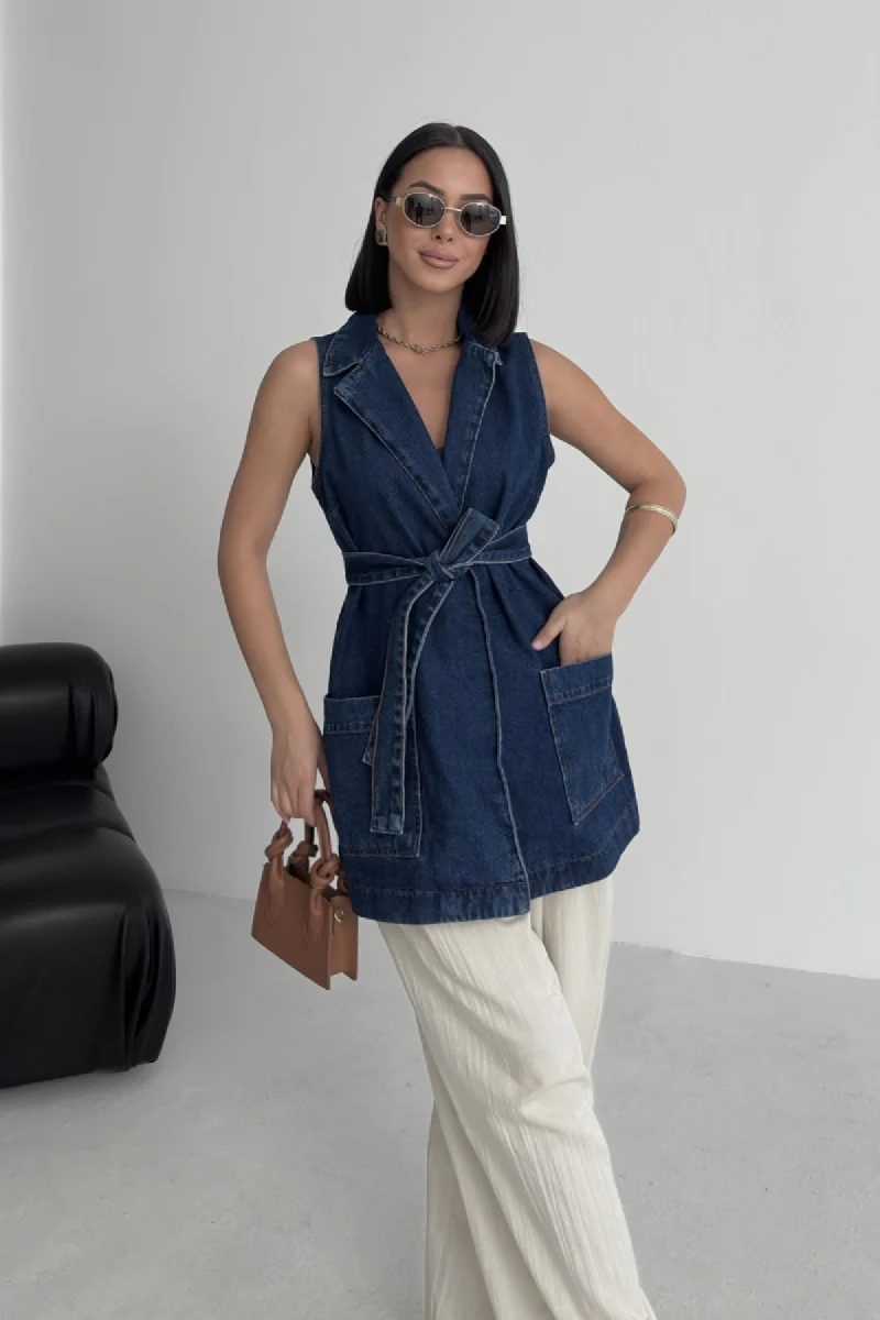 Jean Kuşaklı Kruvaze Yaka Yelek