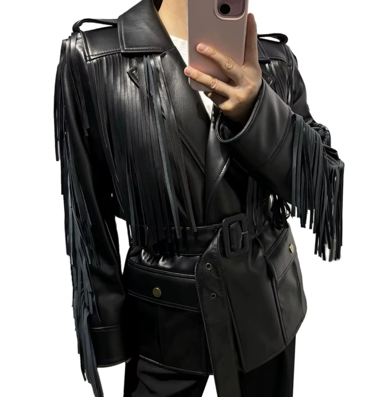 Püsküllü Kemerli Deri Ceket