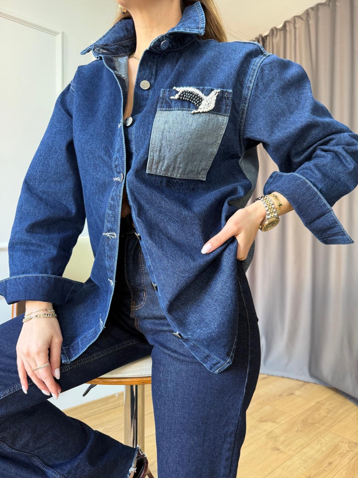 Kuş Detaylı Jean Ceket