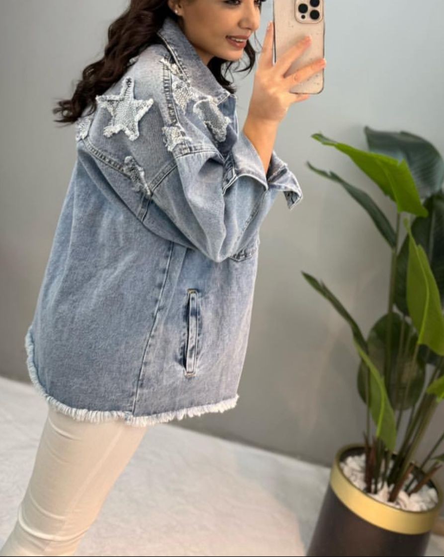 Yıldızlı Taşlı Denim Ceket