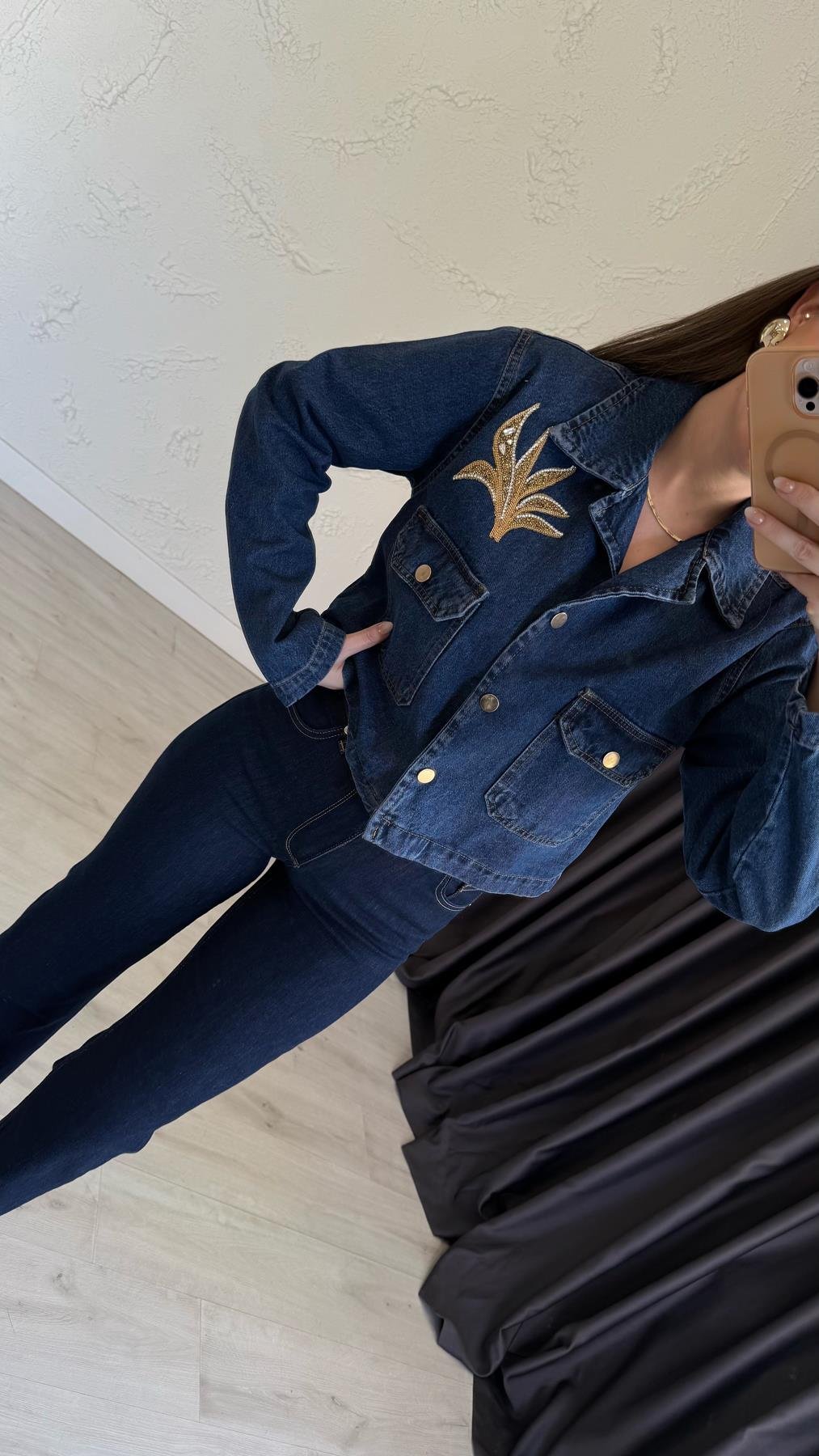 Taşlı Bomber Kot Ceket