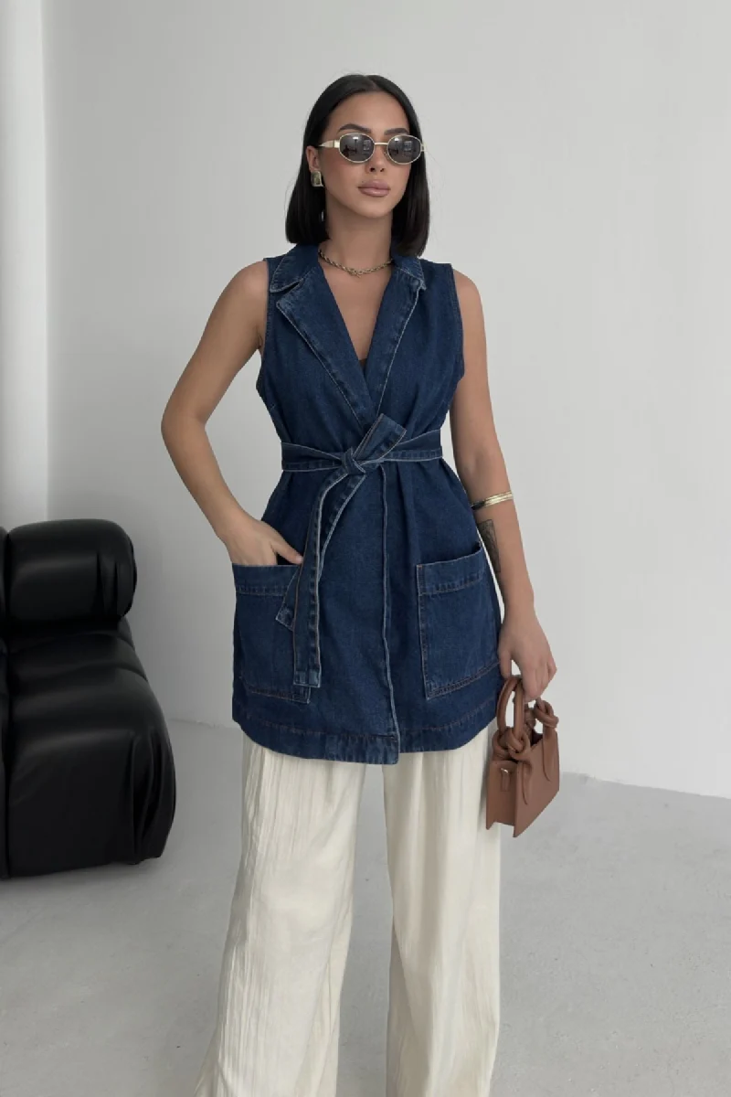 Jean Kuşaklı Kruvaze Yaka Yelek