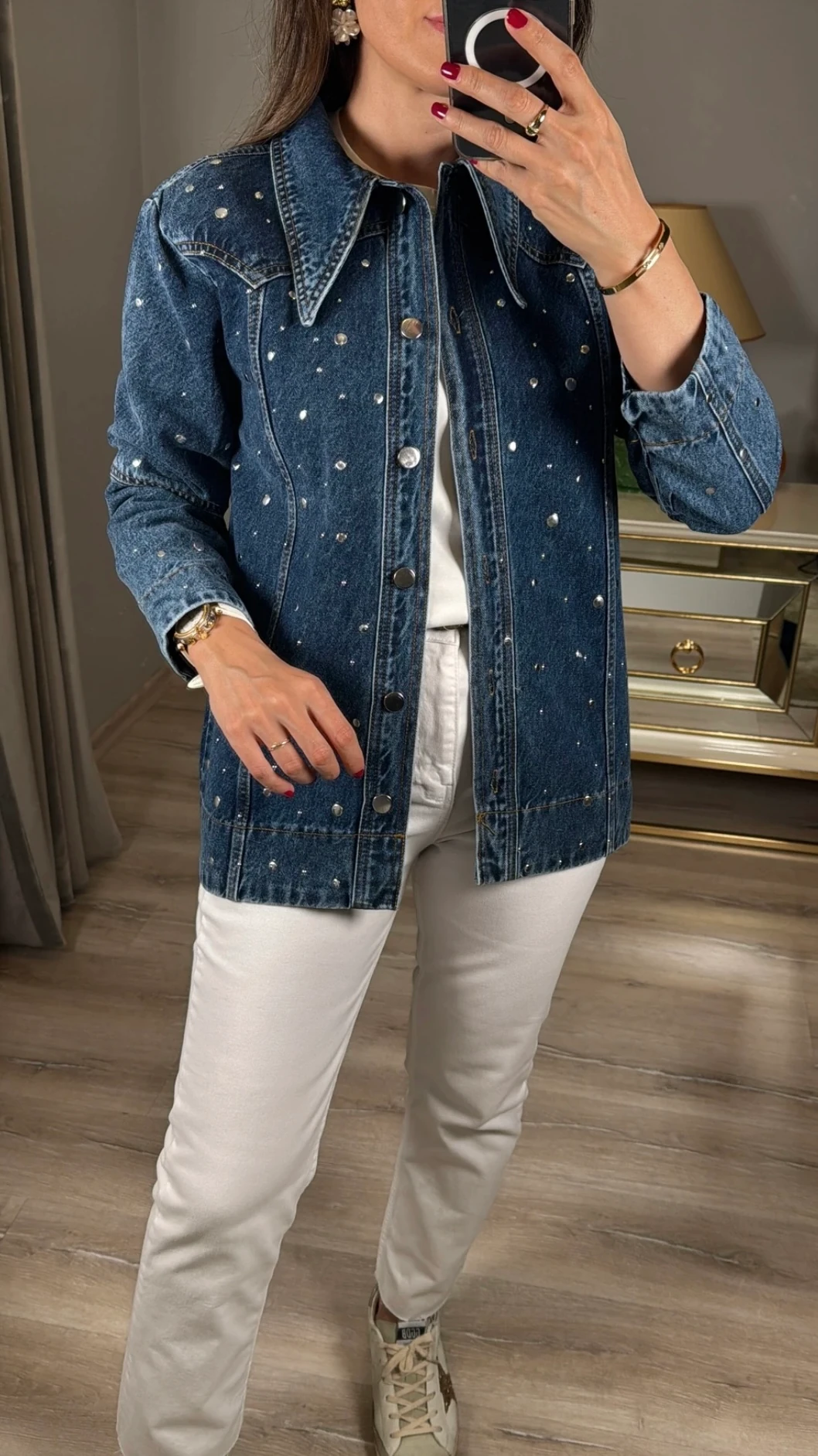 Zımbalı Kemerli Kot Ceket